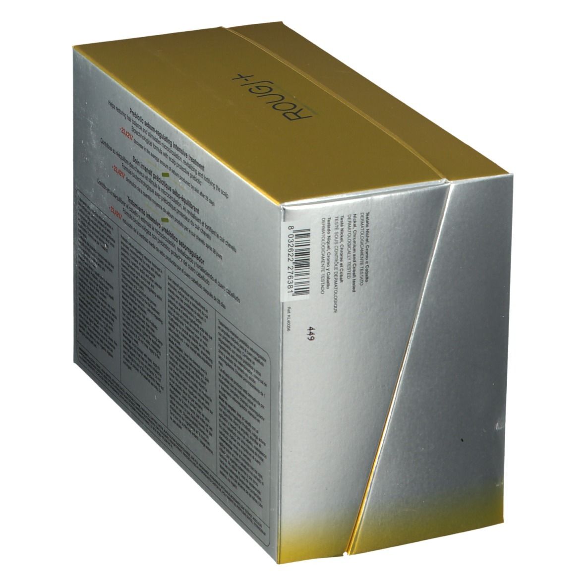 Scatola ROUGJ+ ProBiotic per la cura dei capelli. Oro e argento. Vista laterale con codice a barre.