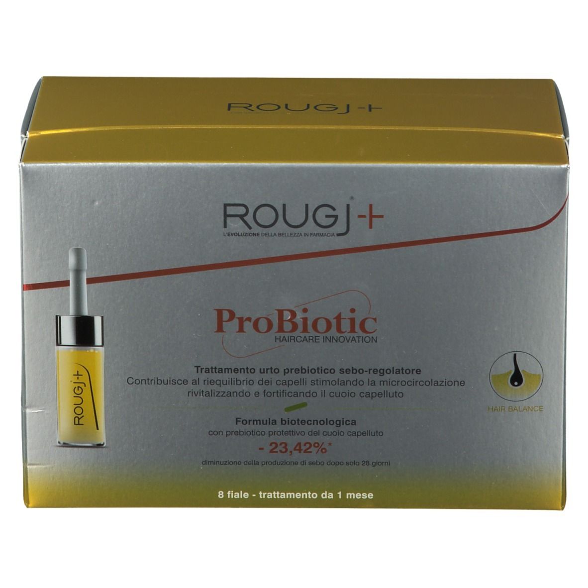 Scatola ROUGJ+ ProBiotic per la cura dei capelli. Oro e argento. Contiene fiala di liquido.