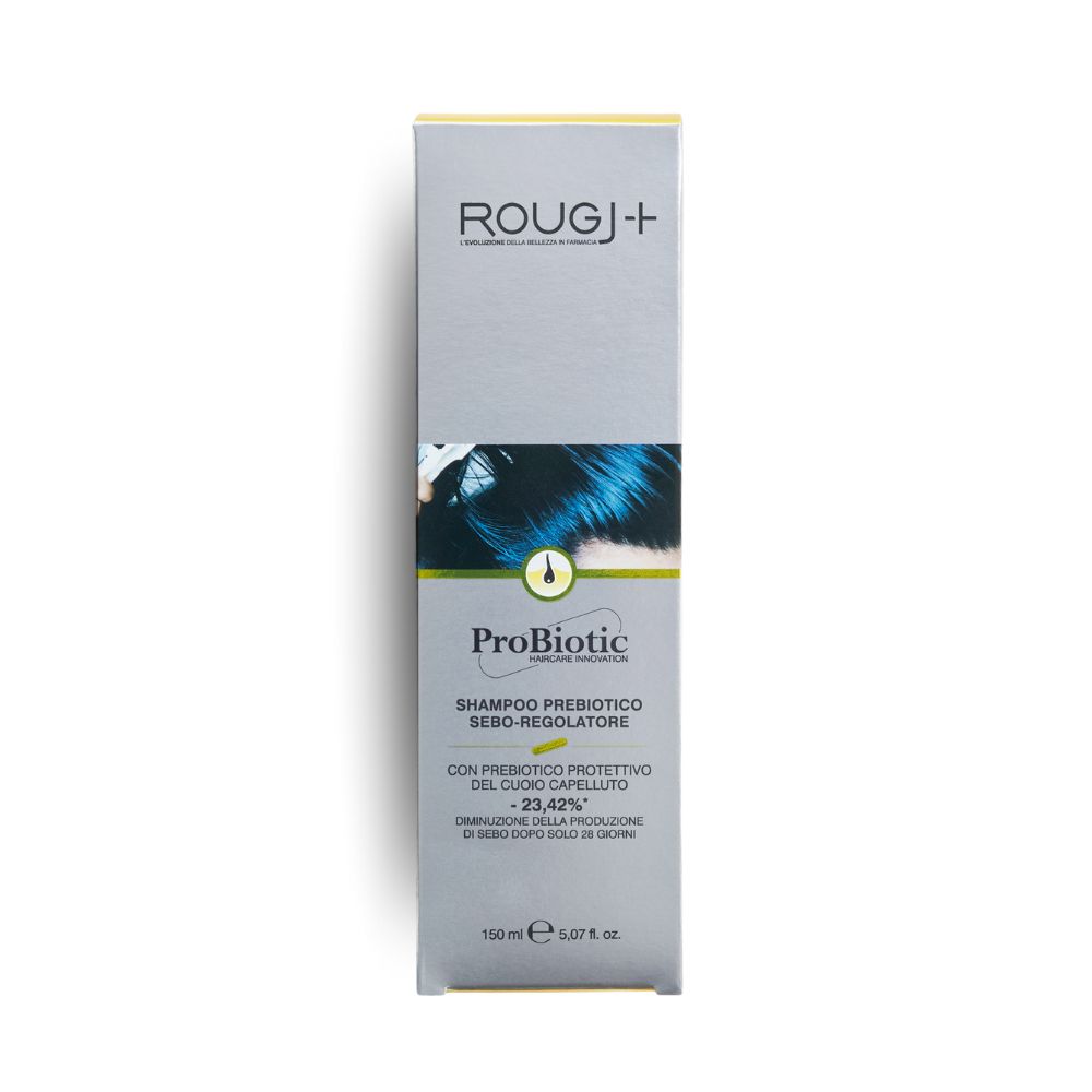 Scatola grigia con immagine del prodotto. Scritta: ROUGJ+, ProBiotic, Shampoo. Testo in italiano.
