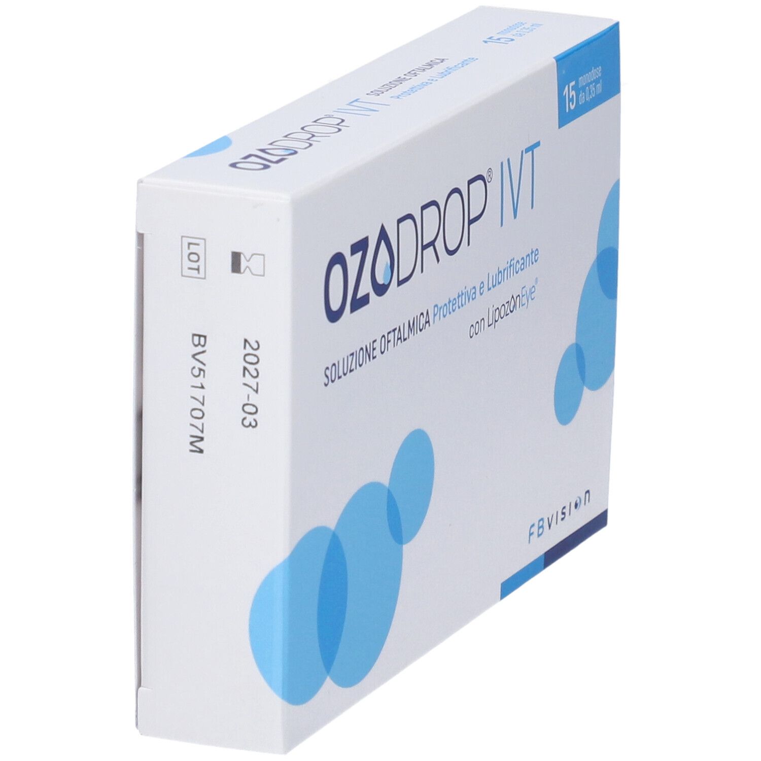 Scatola Ozodrop IVT, vista laterale. Bianco, cerchi blu. Testo: Soluzione Oftalmica. 15 monodose. Numero di lotto.