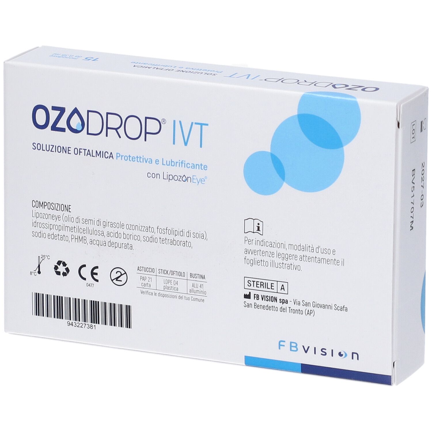 Scatola Ozodrop IVT, retro. Bianco, cerchi blu. Testo: Soluzione Oftalmica. Ingredienti, marchio CE.