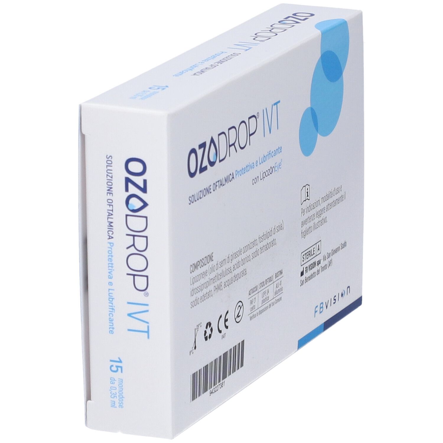 Scatola Ozodrop IVT, vista laterale. Bianco, cerchi blu. Testo: Soluzione Oftalmica. 15 monodose.