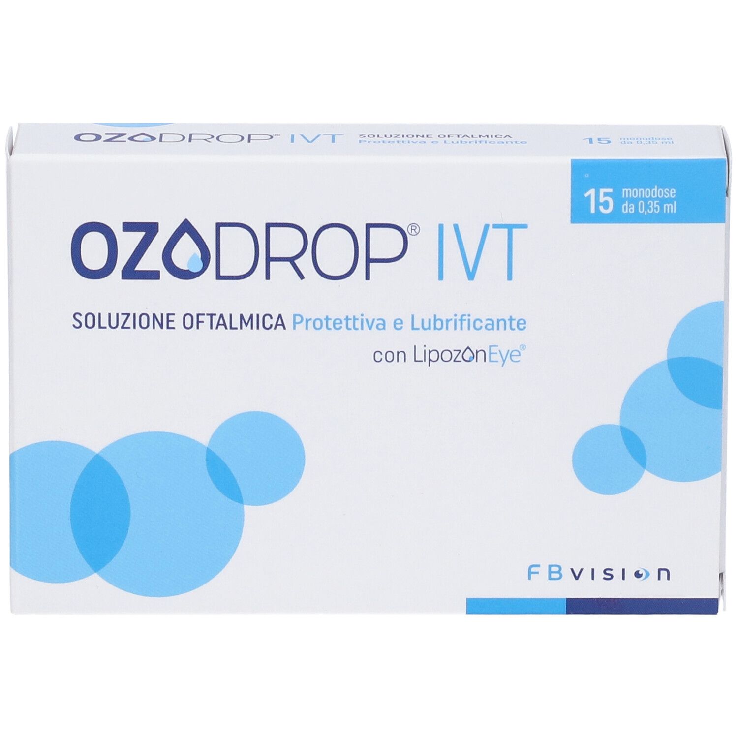 Scatola Ozodrop IVT, soluzione oftalmica. Bianca, cerchi blu. Testo: Soluzione Oftalmica, 15 monodose.