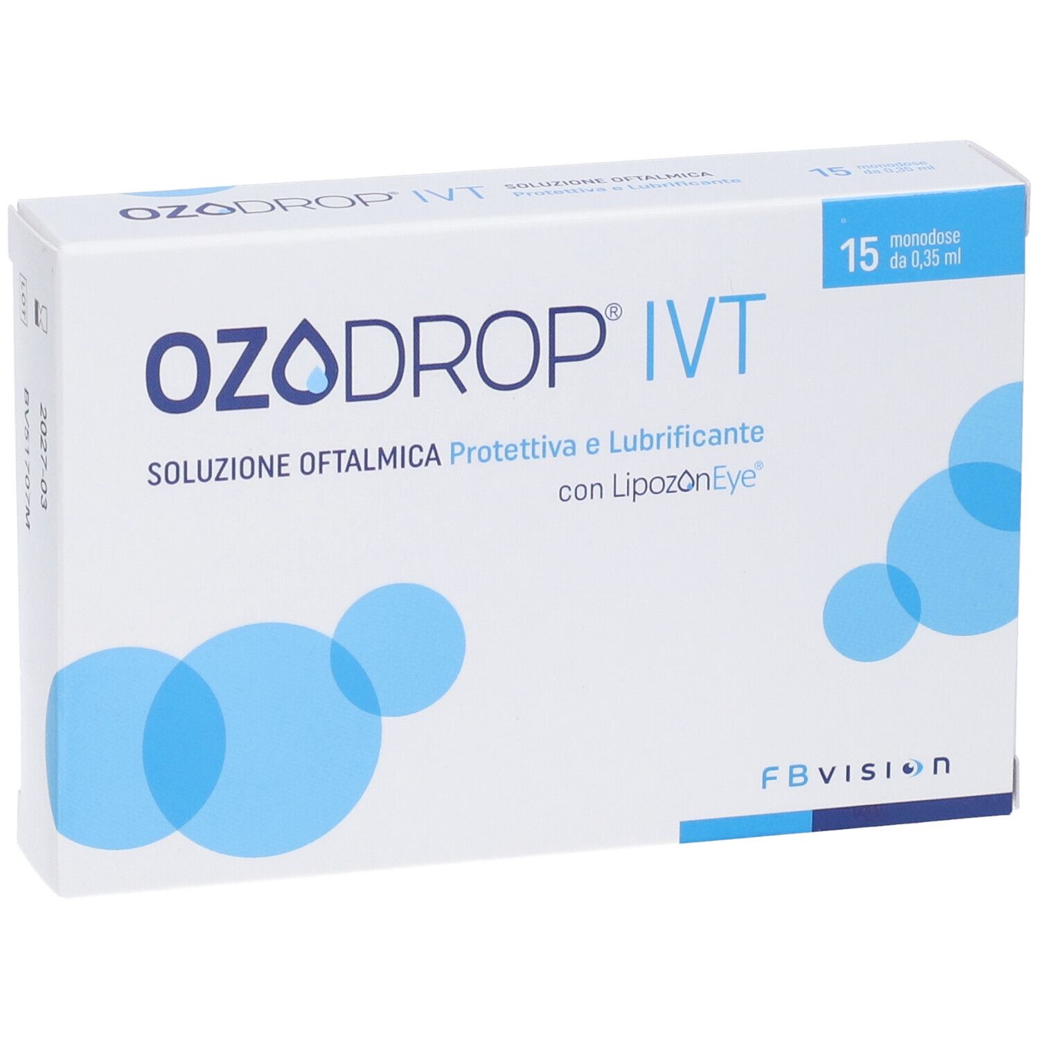 Scatola Ozodrop IVT, soluzione oftalmica. Bianca, cerchi blu. Testo: Soluzione Oftalmica, 15 monodose.