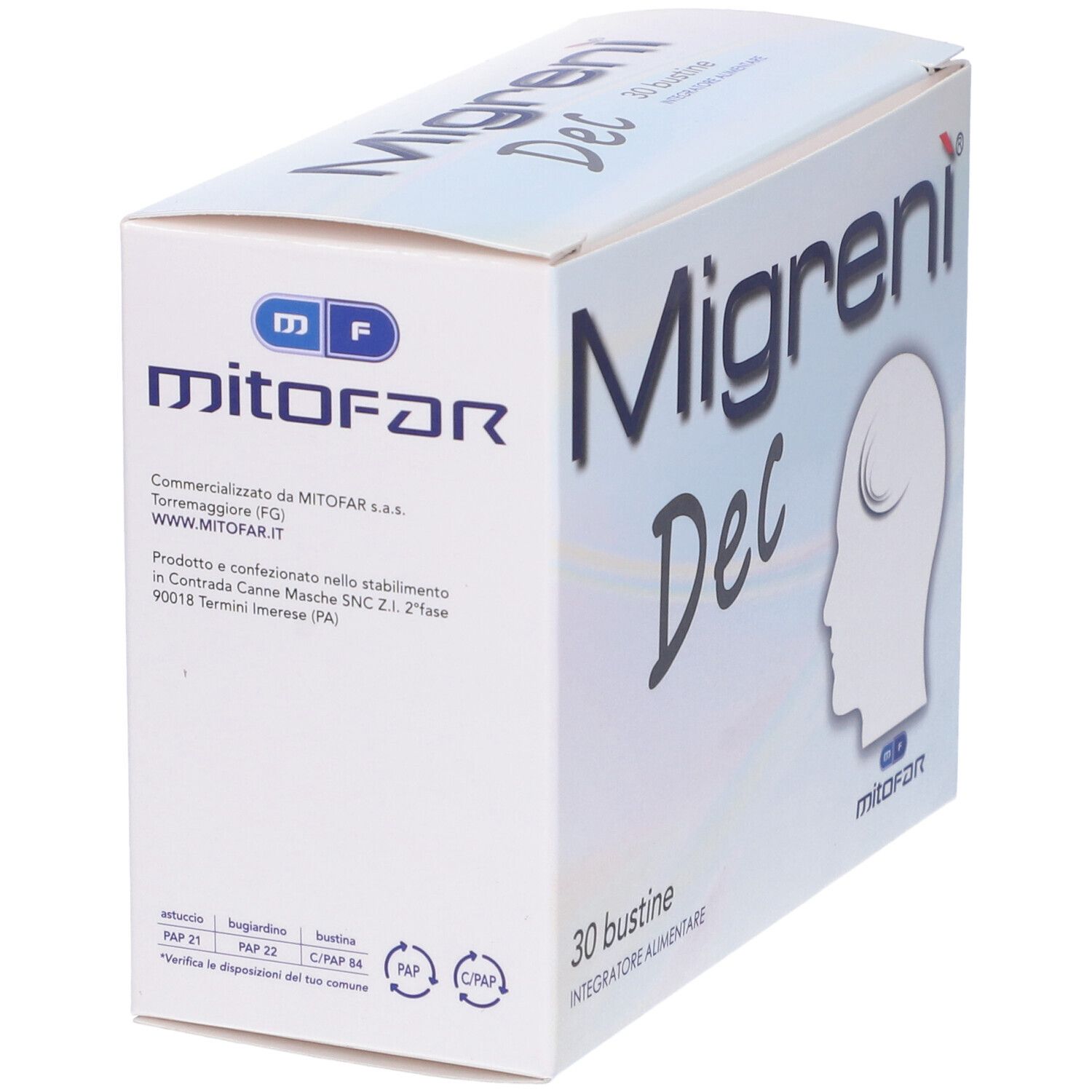 Scatola "Migreni Dec", 30 bustine. Marchio Mitofar. Testo: "30 bustine integratore alimentare".