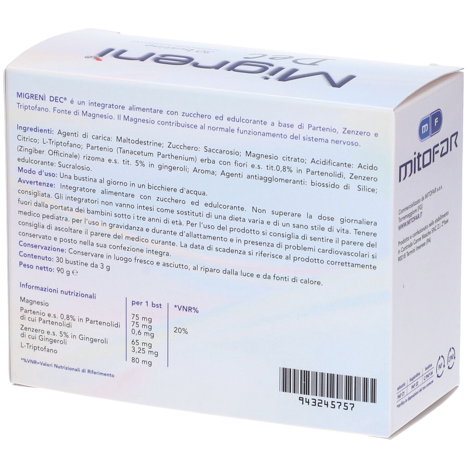 Retro scatola "Migreni Dec". Testo con ingredienti e informazioni nutrizionali. Marchio: Mitofar.