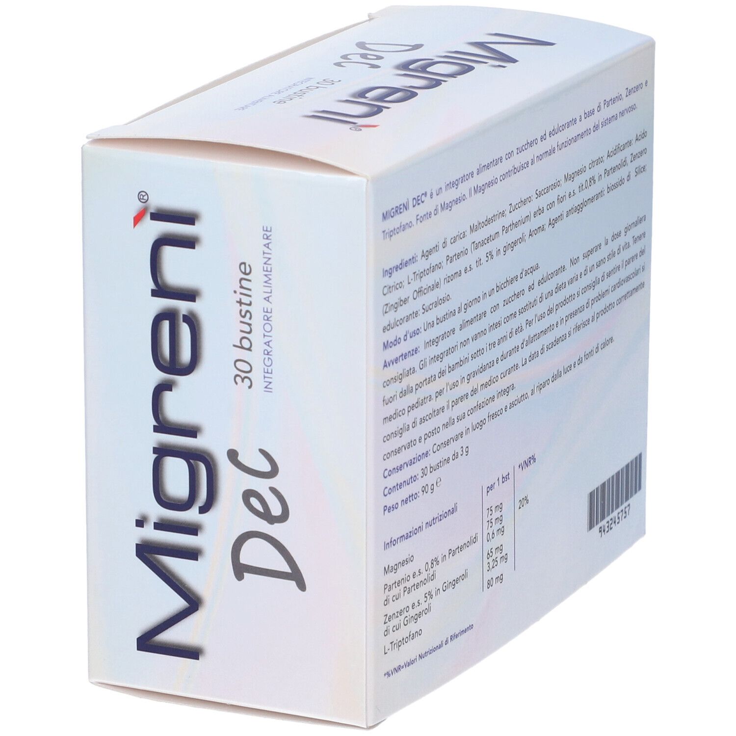 Scatola "Migreni Dec", 30 bustine. Testo con ingredienti e informazioni nutrizionali. Marchio: Mitofar.