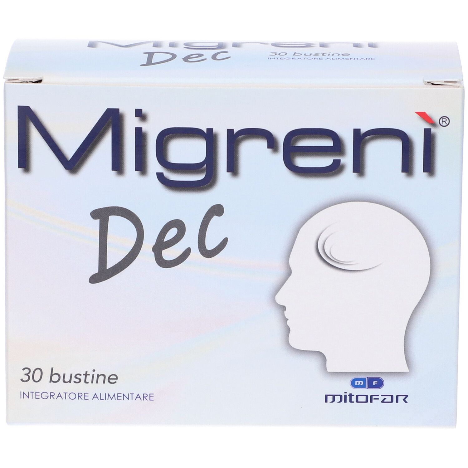 Scatola "Migreni Dec", 30 bustine. Illustrazione profilo testa. Marchio: Mitofar.
