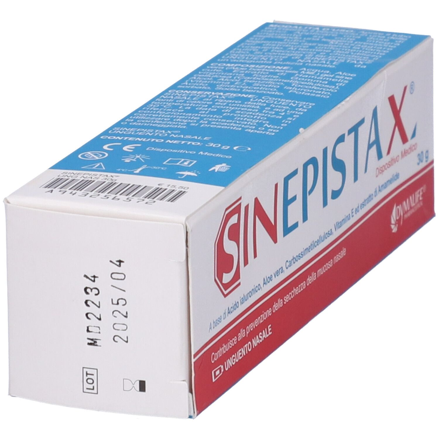 Scatola con logo rosso SINEPISTAX. Scritta blu su sfondo bianco. Stampa: MD2234 2025/04. Lato con testo.