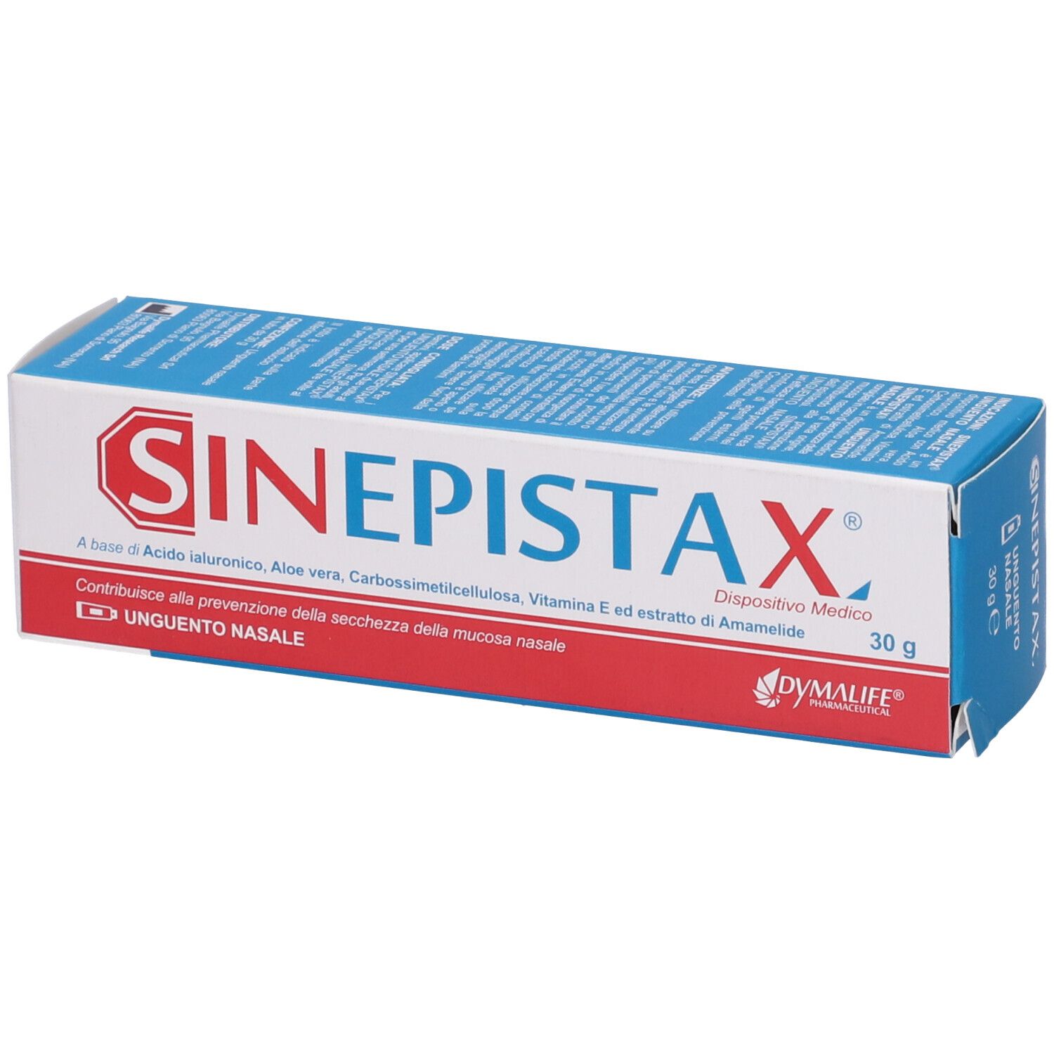Scatola con logo rosso SINEPISTAX. Scritta blu su sfondo bianco. Testo: Unguento Nasale, 30 g.