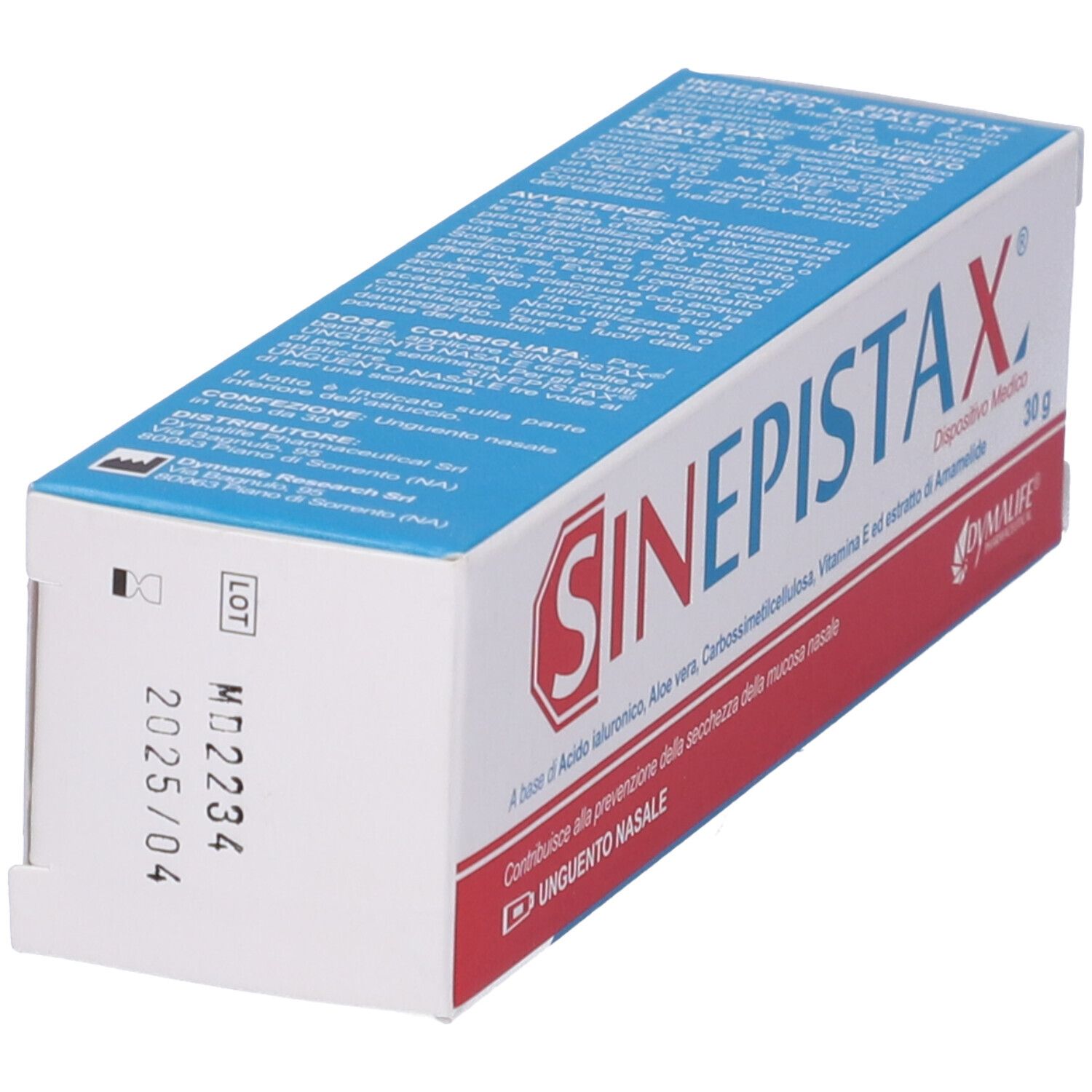 Scatola con logo rosso SINEPISTAX. Scritta blu su sfondo bianco. Stampa: MD2234 2025/04. Lato con testo.