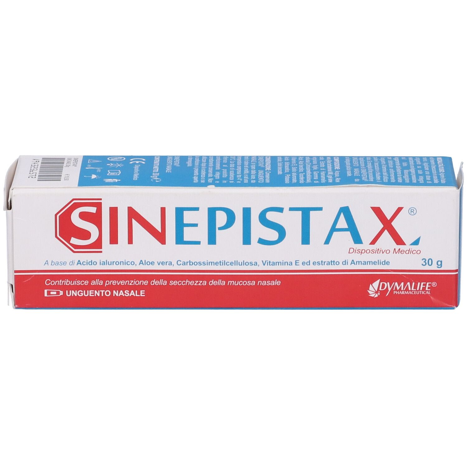 Scatola con logo rosso SINEPISTAX. Scritta blu su sfondo bianco. Testo: Unguento Nasale, 30 g.