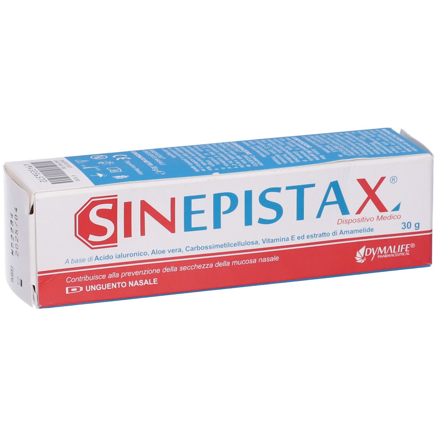 Scatola con logo rosso SINEPISTAX. Scritta blu su sfondo bianco. Testo: Unguento Nasale, 30 g.