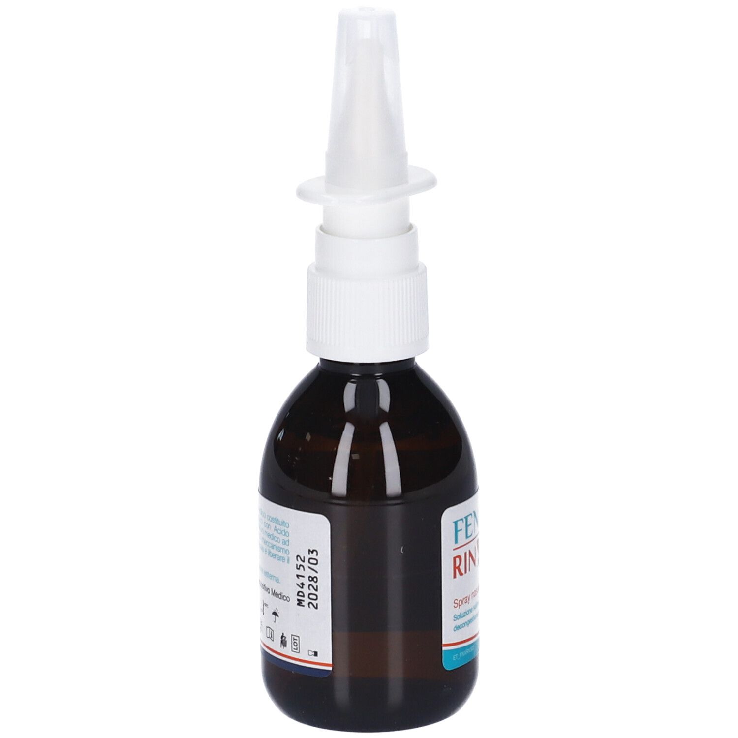 Flacone di vetro marrone con nebulizzatore bianco. Etichetta con testo e numero di lotto.