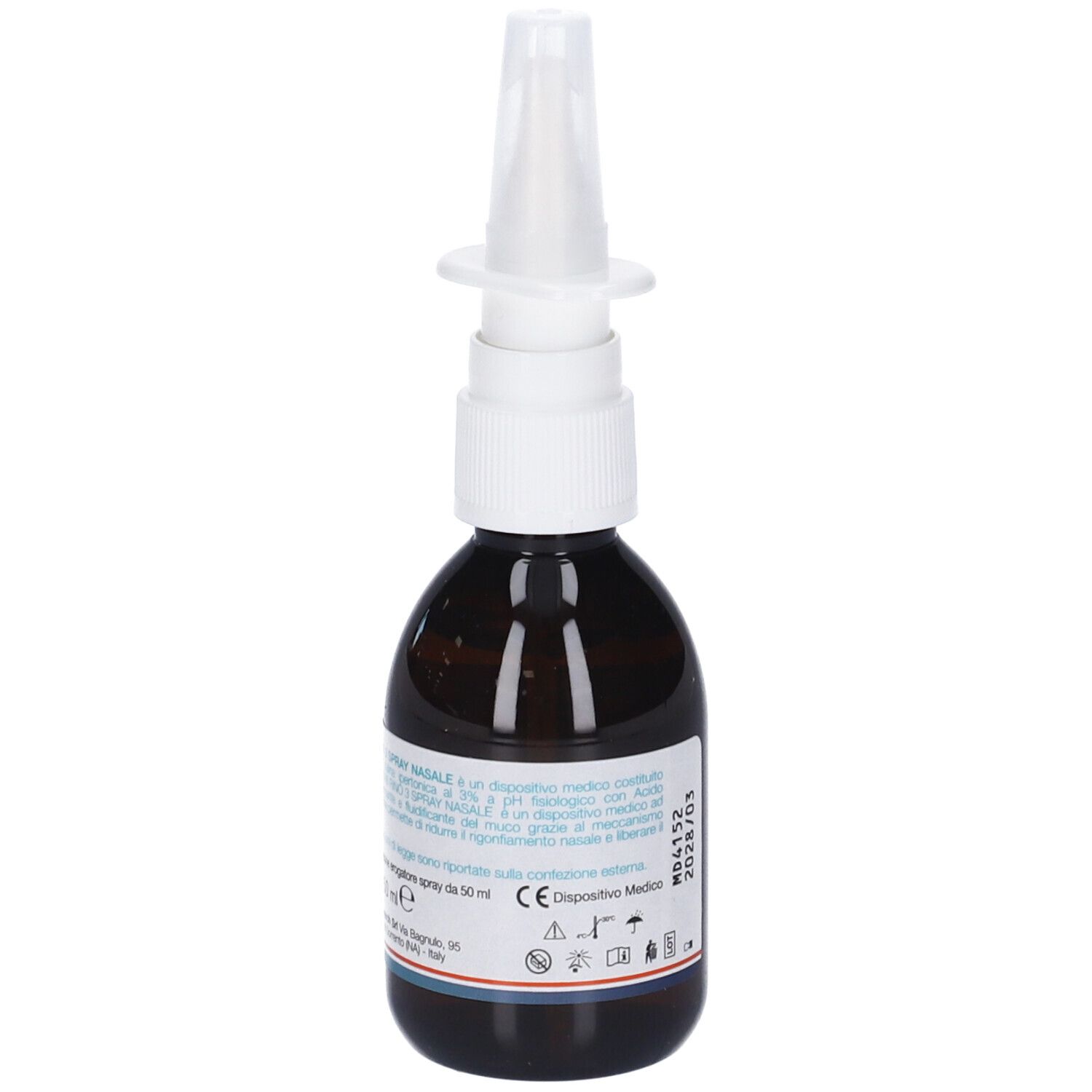 Flacone di vetro marrone con nebulizzatore bianco. Etichetta con testo, tra cui 'Dispositivo Medico'.