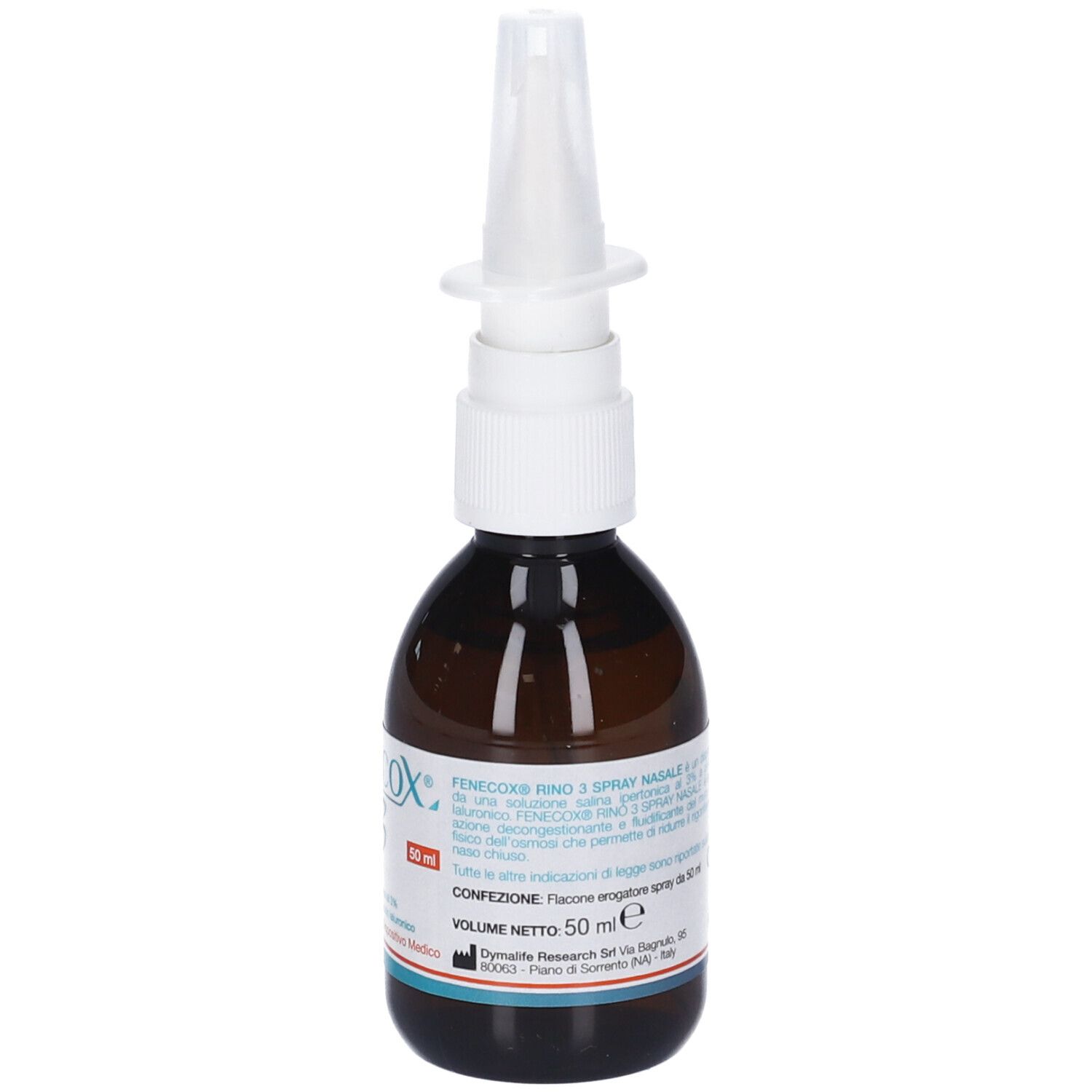 Flacone di vetro marrone con nebulizzatore bianco. Etichetta con testo, tra cui 'VOLUME NETTO 50 ml'.
