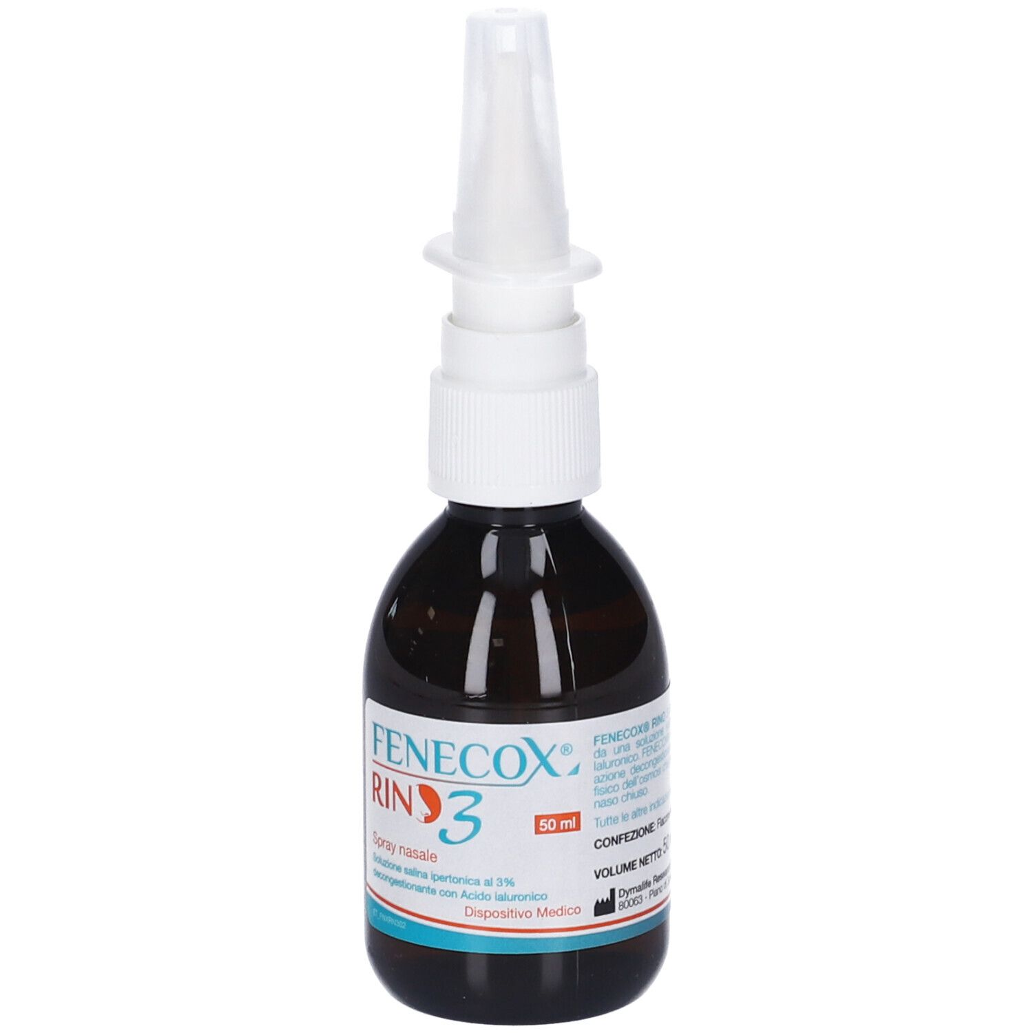 Flacone di vetro marrone con nebulizzatore bianco. Etichetta con testo, tra cui 'Fenecox Rino 3'.