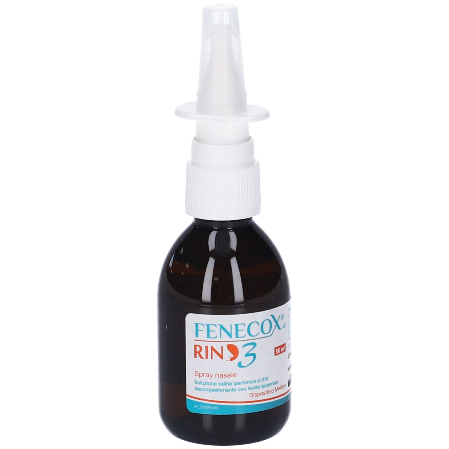 Flacone di vetro marrone con nebulizzatore bianco. Etichetta con testo, tra cui 'Fenecox Rino 3'.
