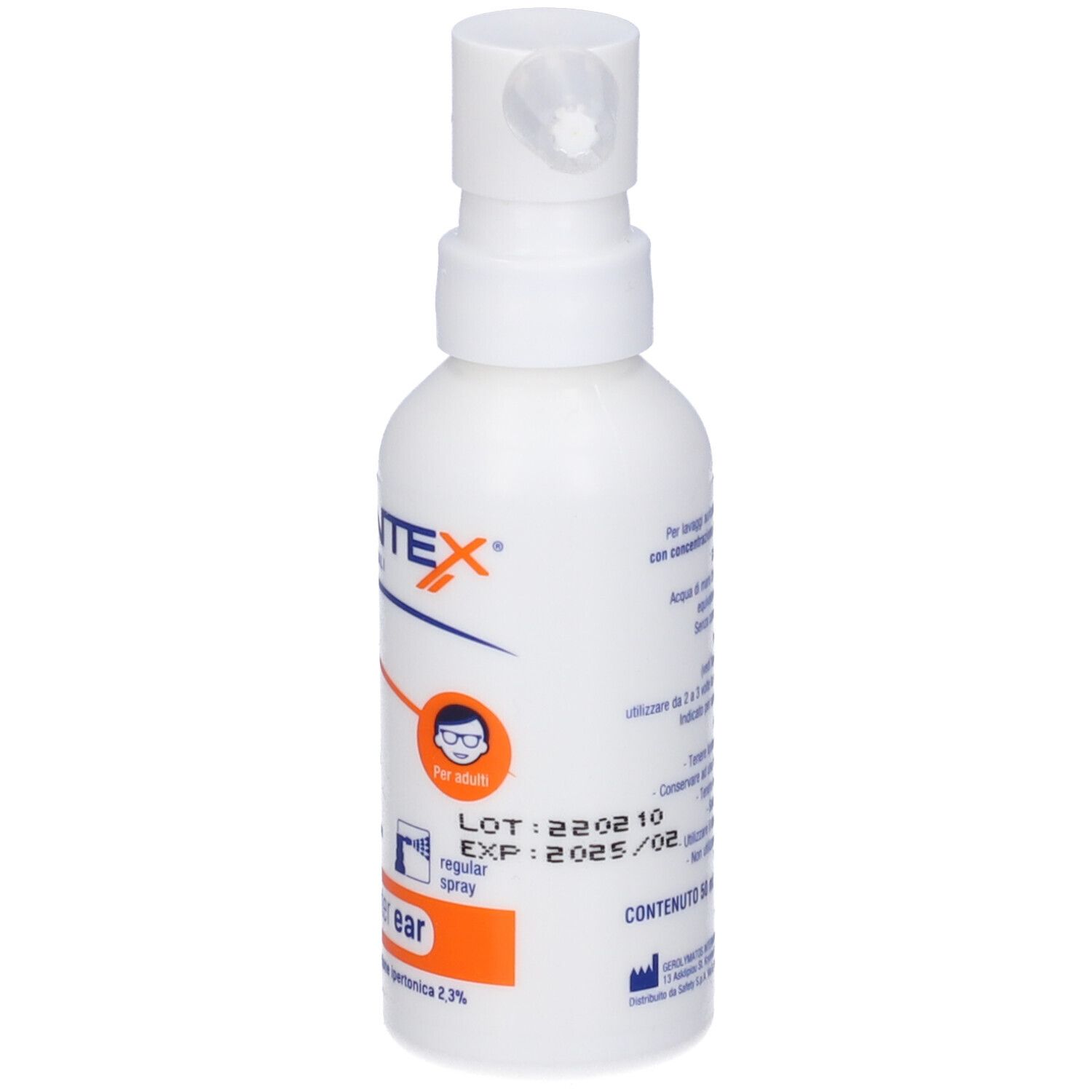 Flacone bianco con erogatore spray. Scritta: PRONTEX. Per adulti. Dati LOT e EXP.