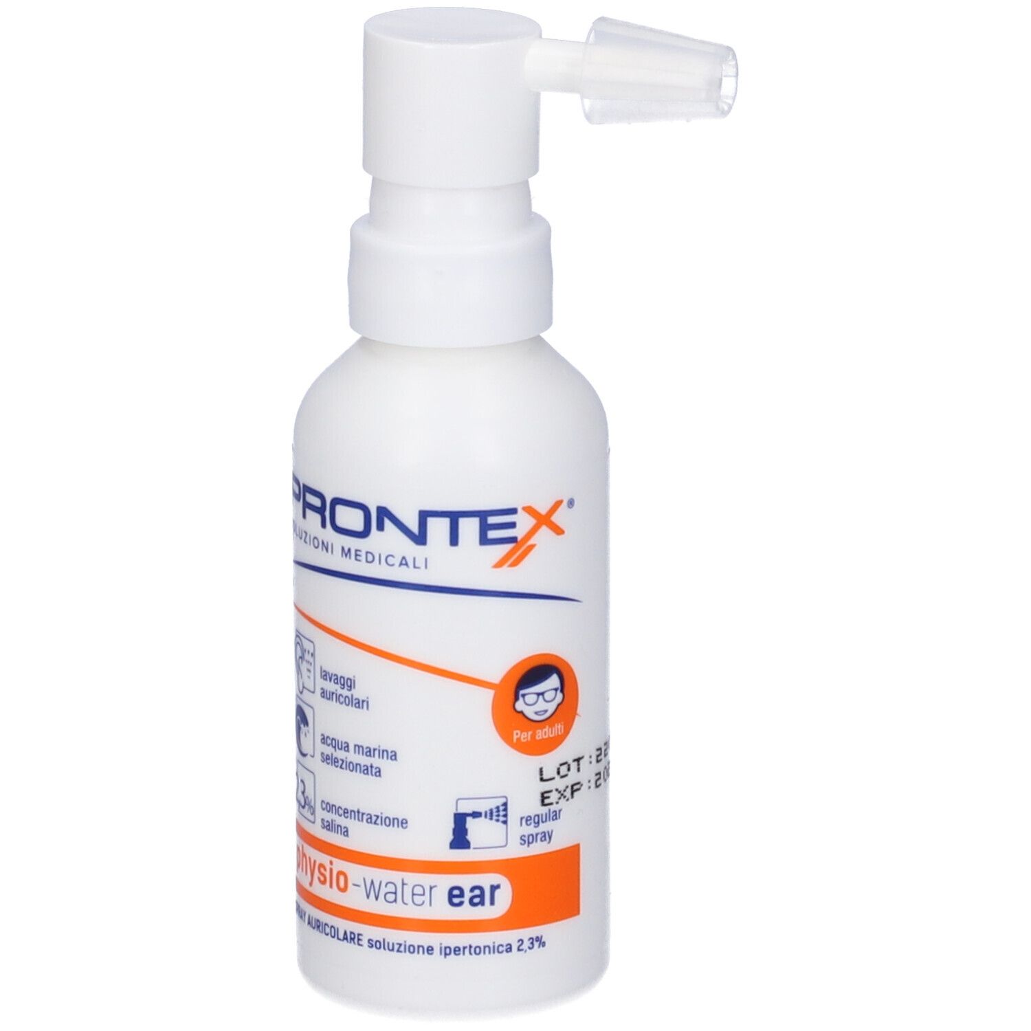 Flacone bianco con erogatore spray. Scritta: PRONTEX, physio-water ear, concentrazione 2,3%. Per adulti.