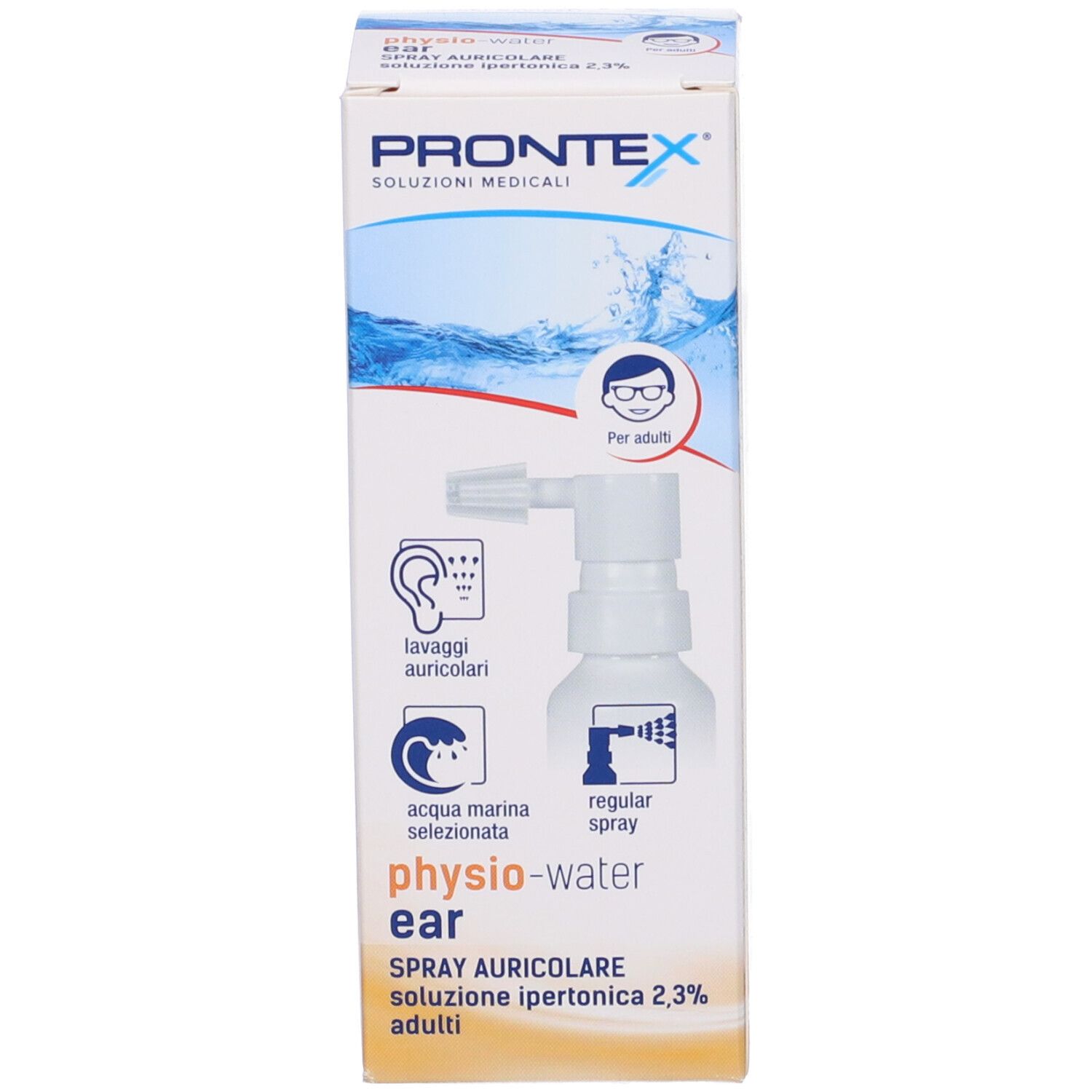 Prodotto con confezione. Flacone bianco con erogatore spray e scatola. Scritta: PRONTEX, physio-water ear.