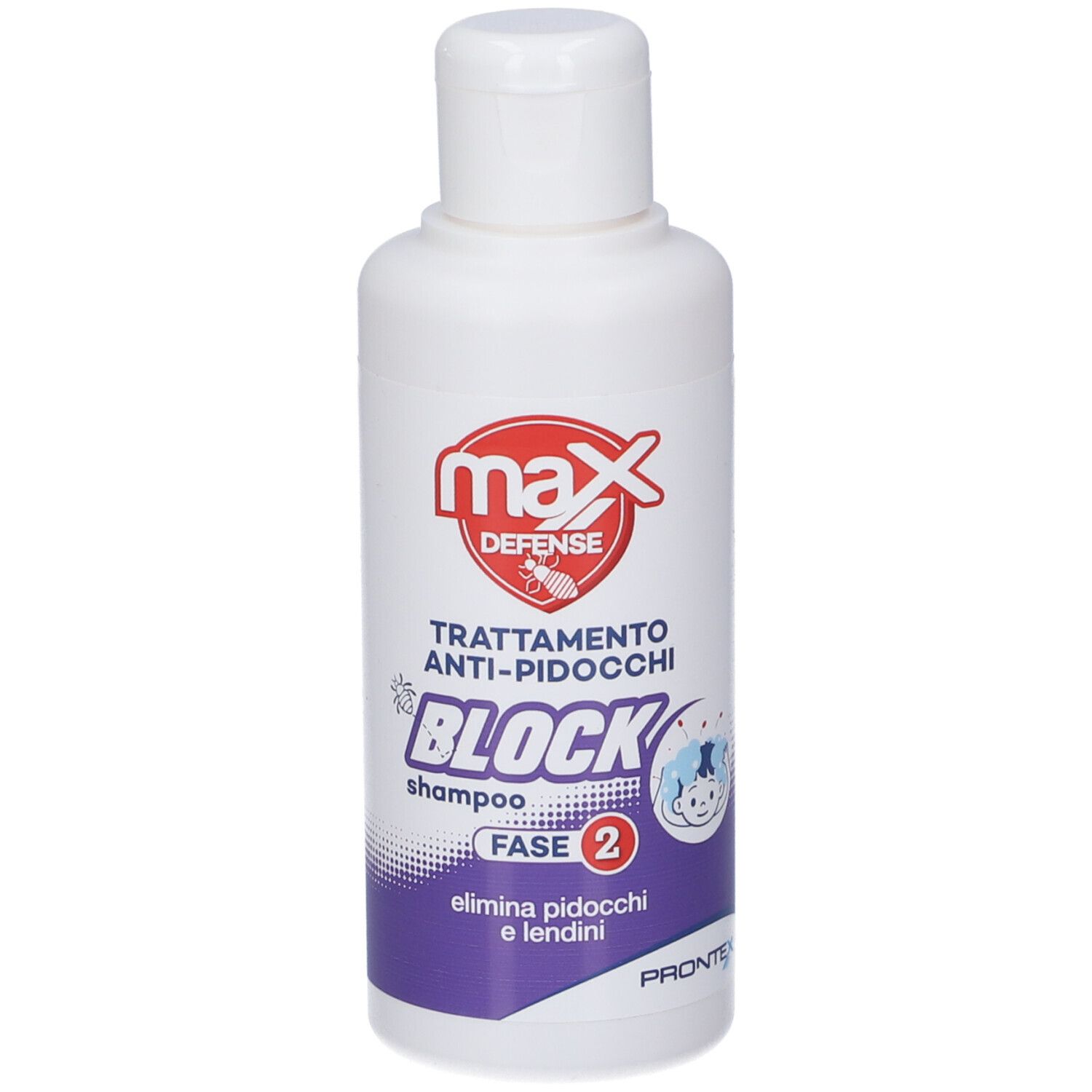 Flacone bianco con etichetta rossa. Testo: MAX DEFENSE, ANTI-PIDOCCHI, BLOCK shampoo, FASE 2. Contiene un'immagine.