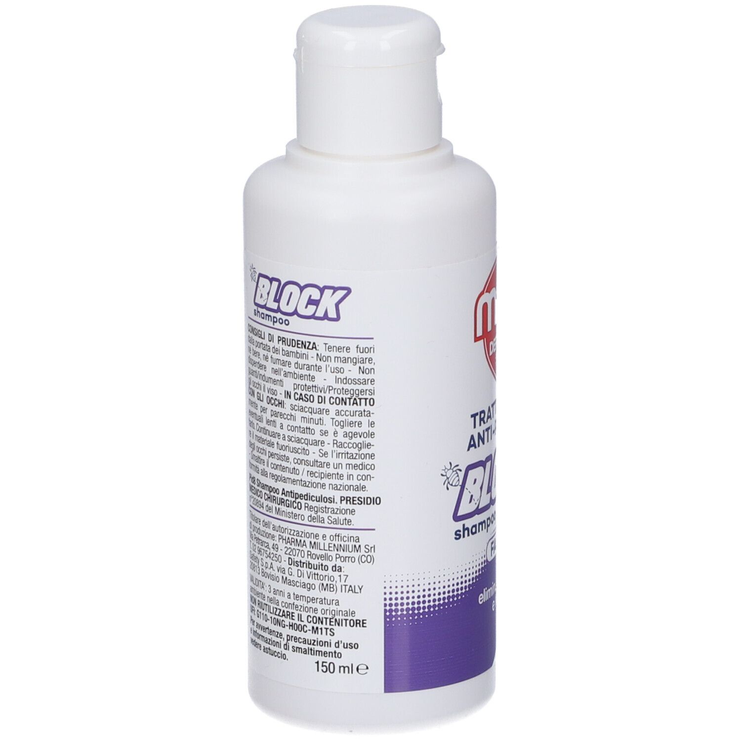 Flacone bianco con etichetta rossa. Testo: MAX DEFENSE, ANTI-PIDOCCHI, BLOCK shampoo, FASE 2. Contiene un'immagine.