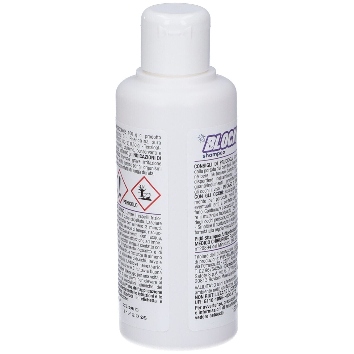 Flacone bianco con etichetta rossa. Testo: MAX DEFENSE, ANTI-PIDOCCHI, BLOCK shampoo, FASE 2. Contiene un'immagine.