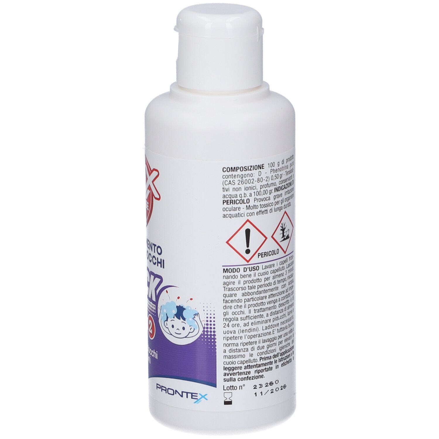 Flacone bianco con etichetta rossa. Testo: MAX DEFENSE, ANTI-PIDOCCHI, BLOCK shampoo, FASE 2. Contiene un'immagine.