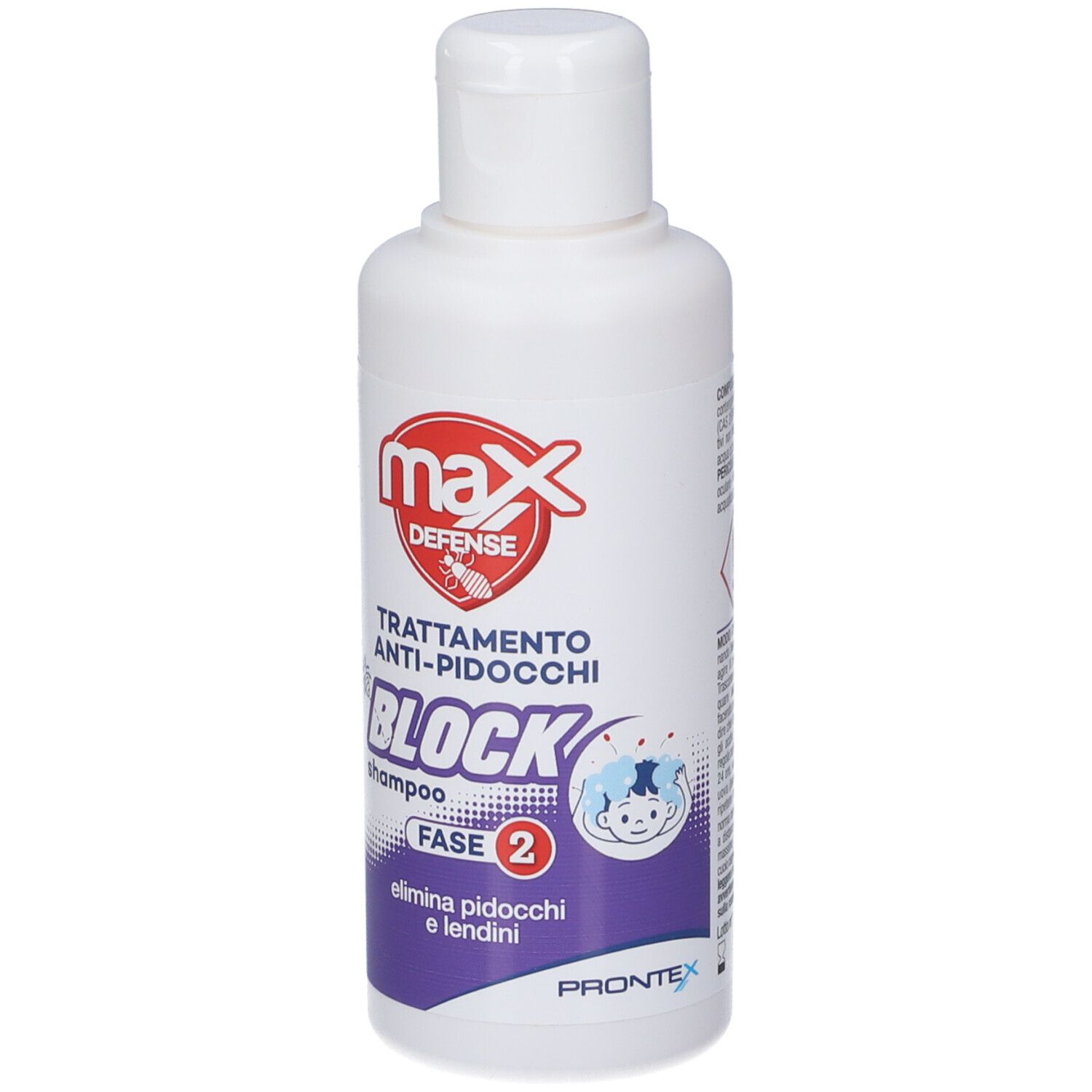 Flacone bianco con etichetta rossa. Testo: MAX DEFENSE, ANTI-PIDOCCHI, BLOCK shampoo, FASE 2. Contiene un'immagine.