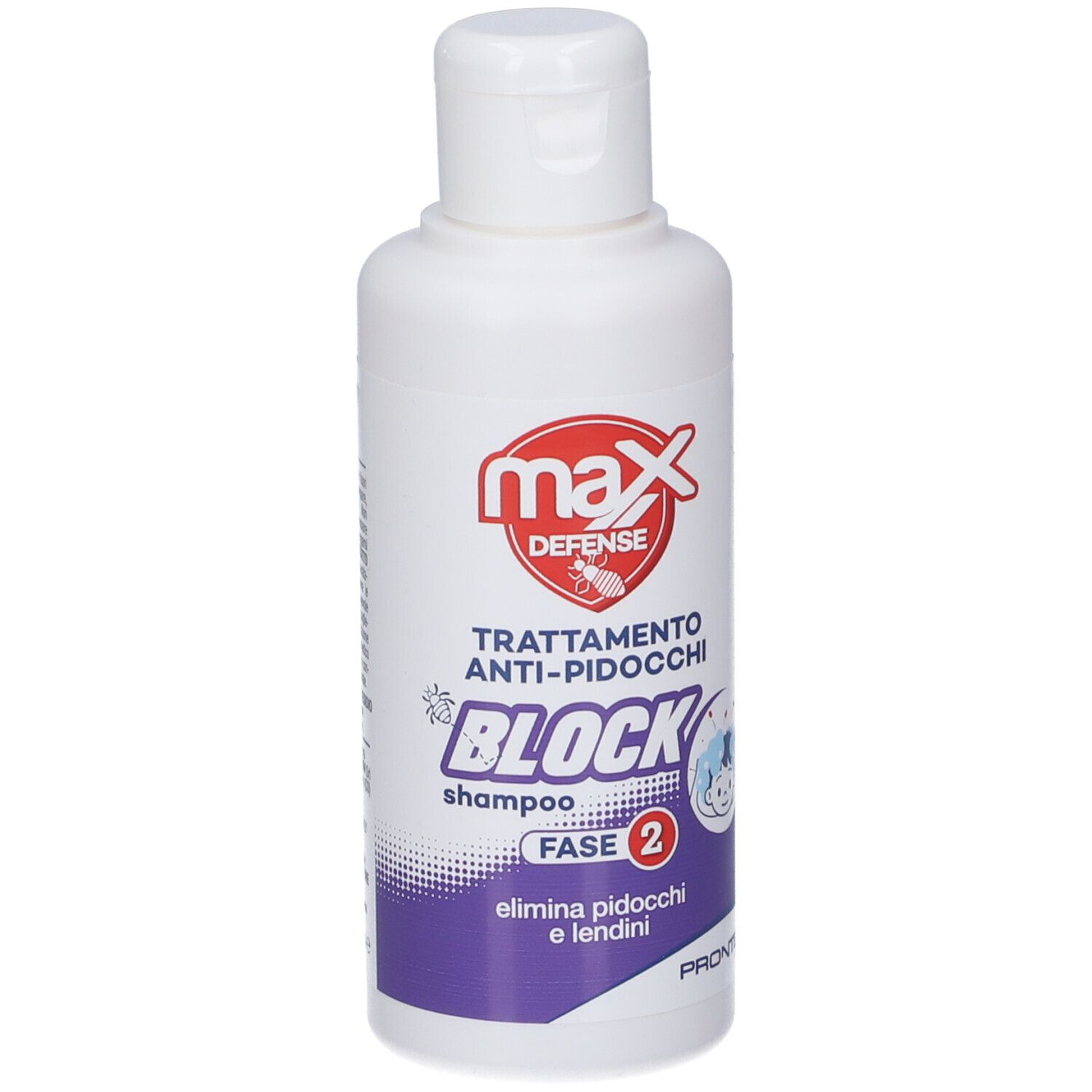 Flacone bianco con etichetta rossa. Testo: MAX DEFENSE, ANTI-PIDOCCHI, BLOCK shampoo, FASE 2. Contiene un'immagine.