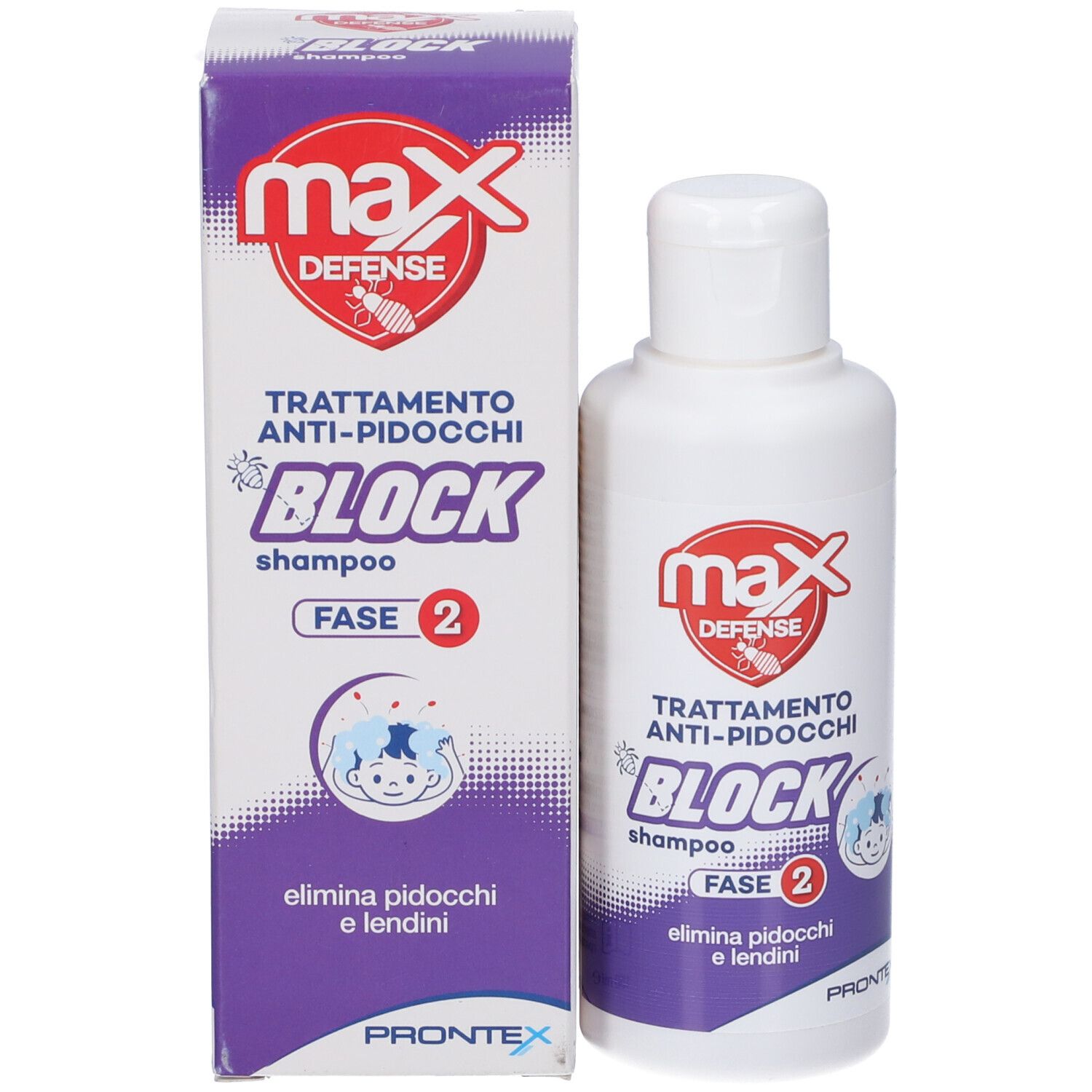 Confezione e flacone del prodotto. Testo: MAX DEFENSE, ANTI-PIDOCCHI, BLOCK shampoo, FASE 2. Contiene un'immagine.