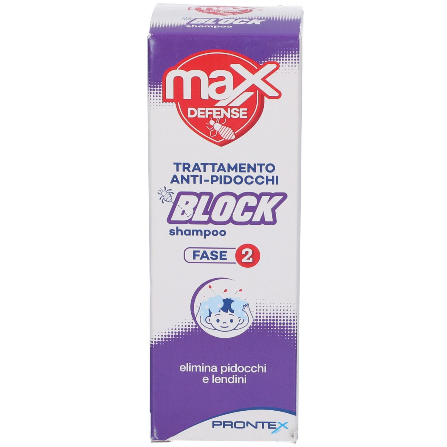 Confezione del prodotto. Testo: MAX DEFENSE, ANTI-PIDOCCHI, BLOCK shampoo, FASE 2. Contiene un'immagine.
