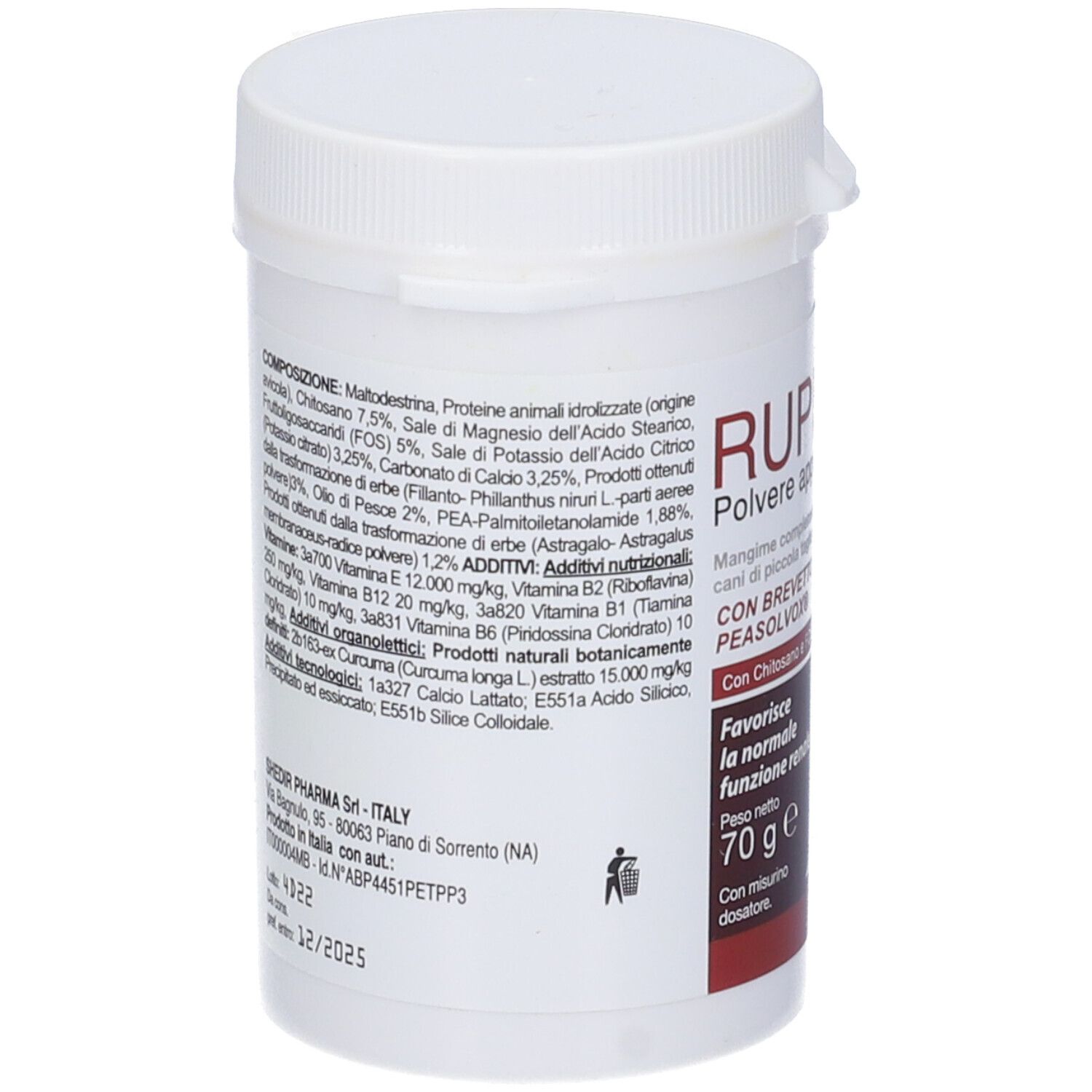 Barattolo bianco con coperchio. Scritta Rupifron Polvere appetibile. Contiene 70g. Retro con ingredienti e produttore.