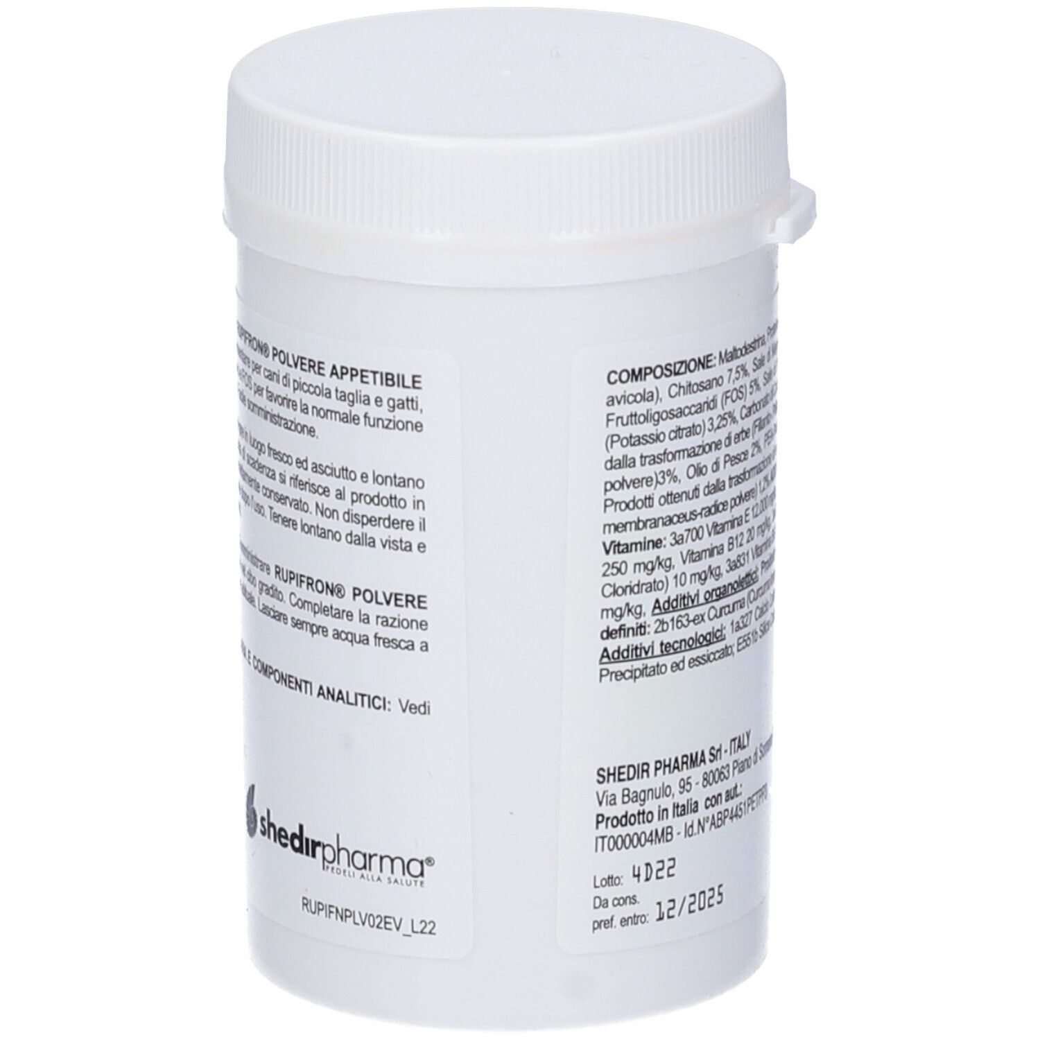 Barattolo bianco con coperchio. Scritta Rupifron Polvere appetibile. Retro con informazioni. Logo del produttore.