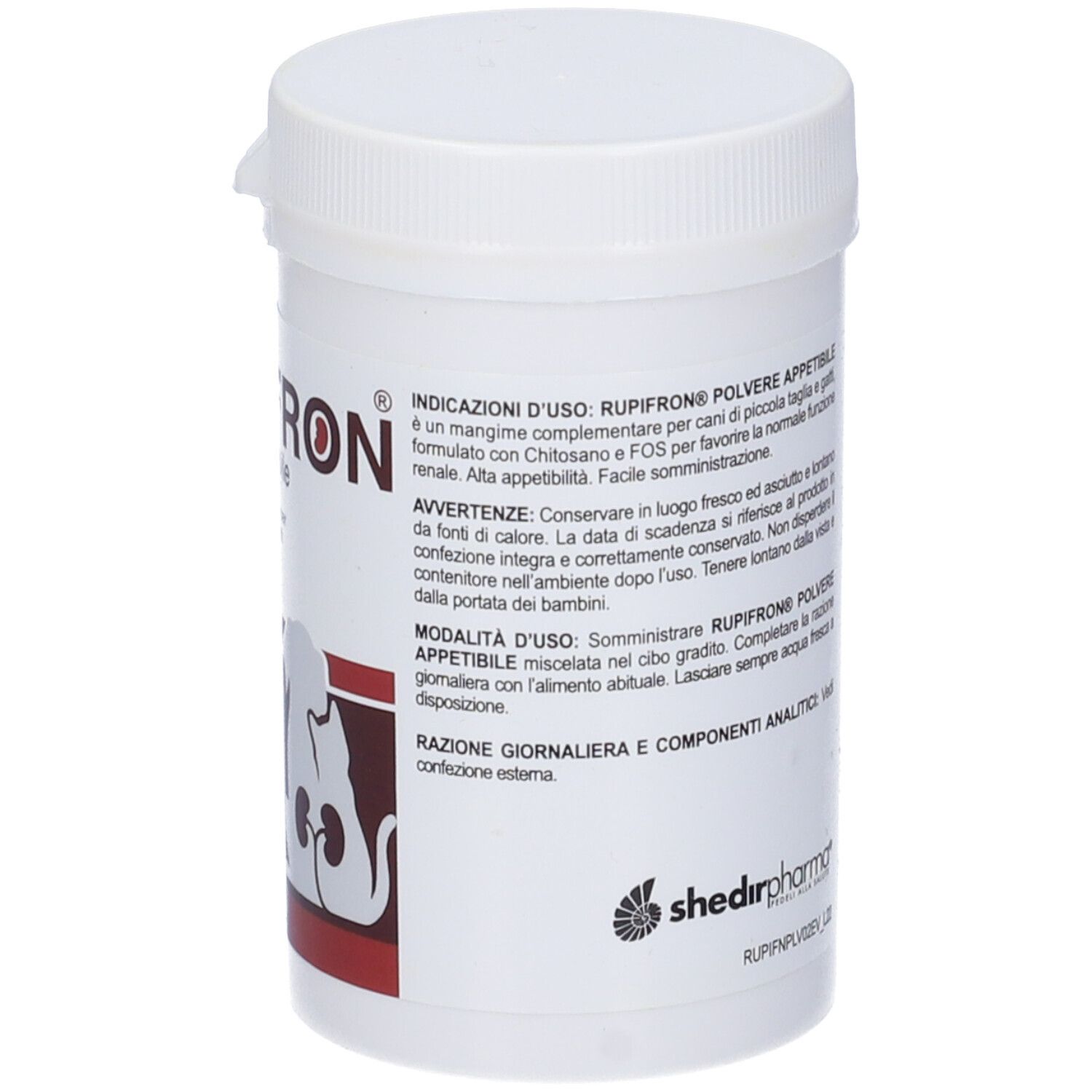 Barattolo bianco con coperchio. Scritta Rupifron Polvere appetibile. Retro con istruzioni per l'uso. Logo del produttore.