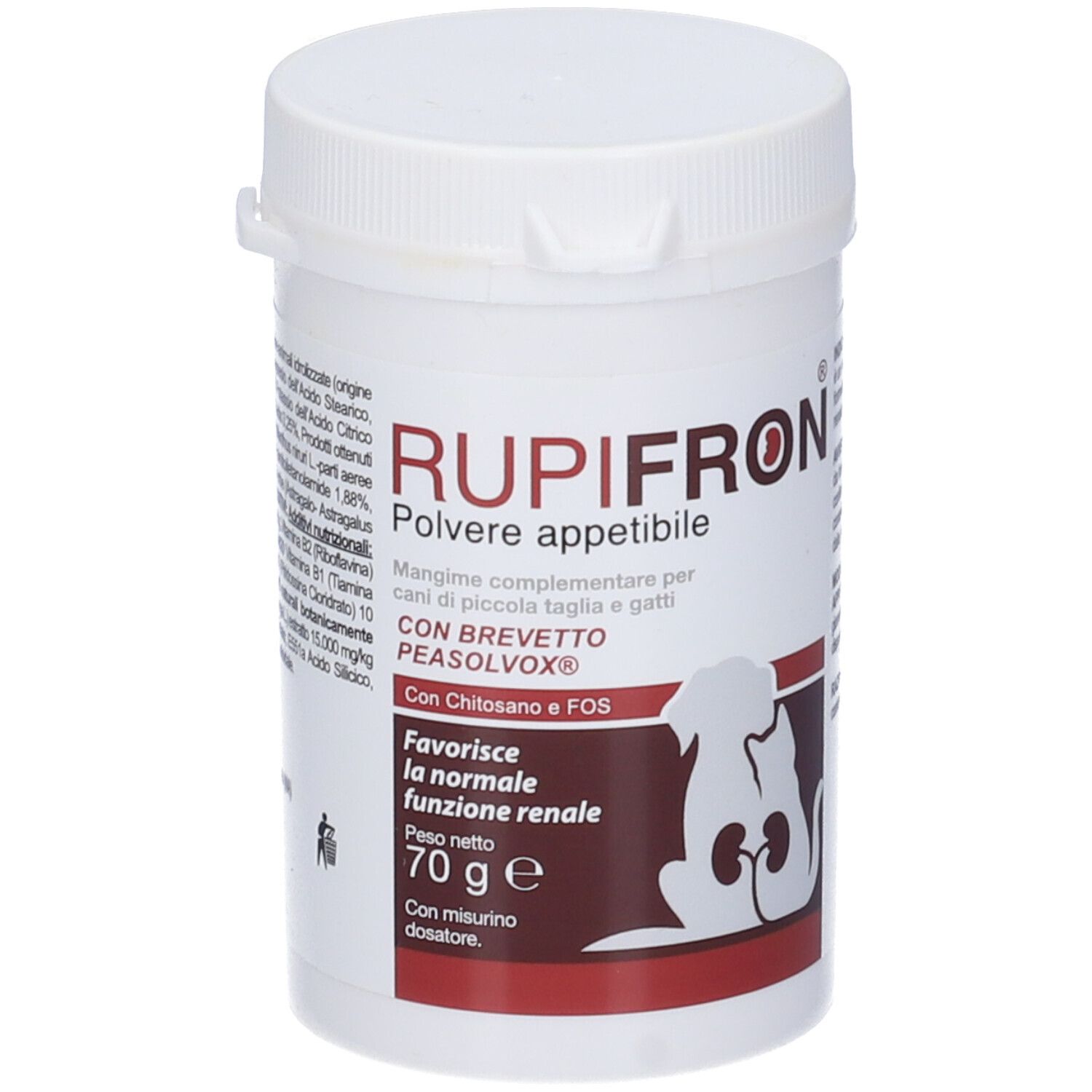 Barattolo bianco con coperchio. Scritta Rupifron Polvere appetibile. Contiene 70g. Immagine cane e gatto.