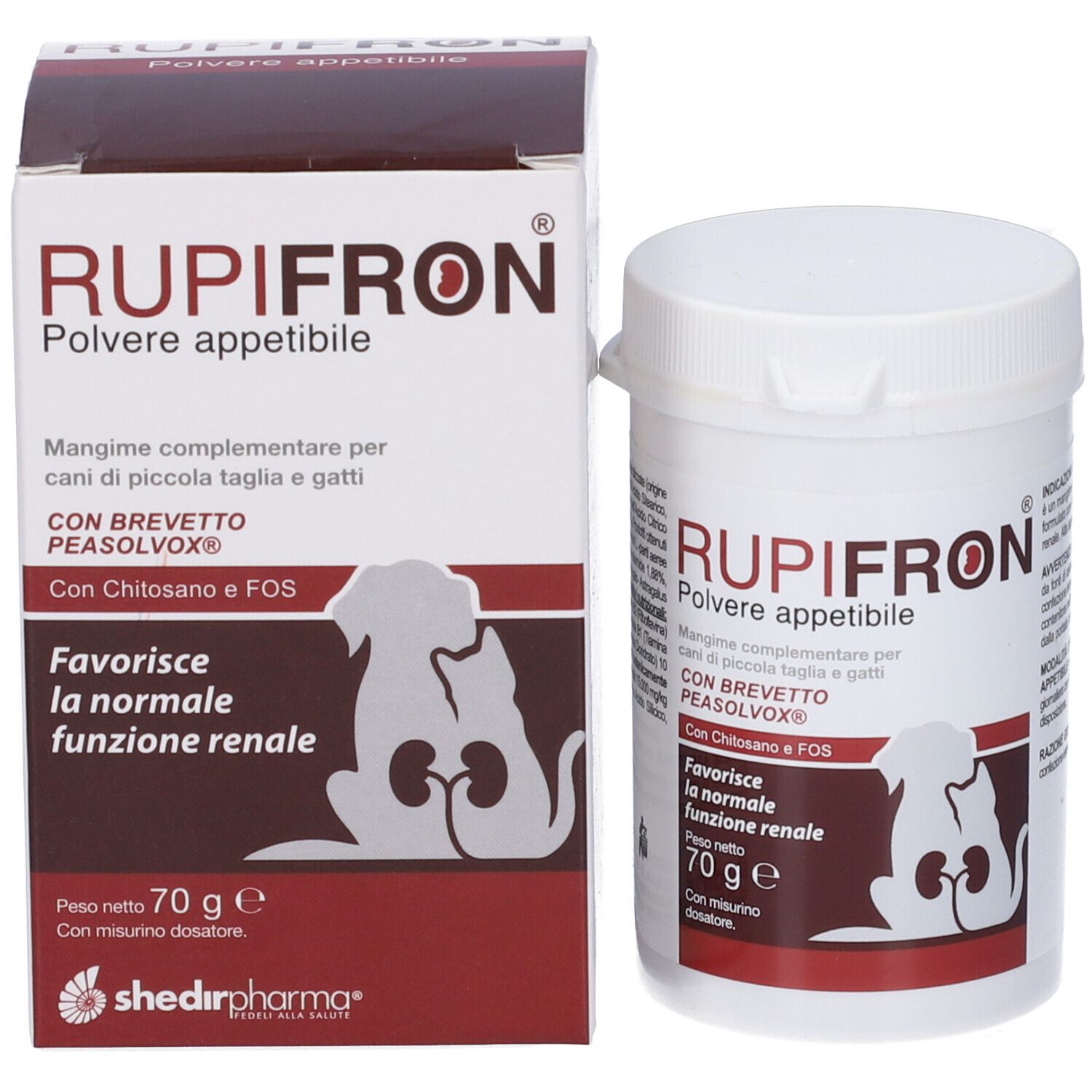 Prodotto e confezione. Barattolo e scatola bianchi. Scritta Rupifron Polvere appetibile. Contiene 70g.