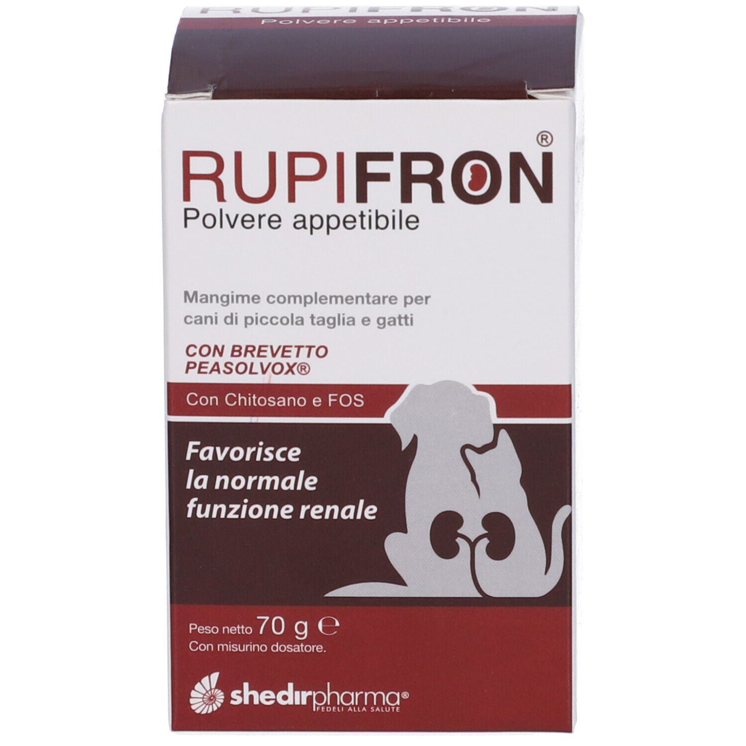Scatola. Scritta Rupifron Polvere appetibile. Contiene 70g. Immagine cane e gatto. Logo del produttore.