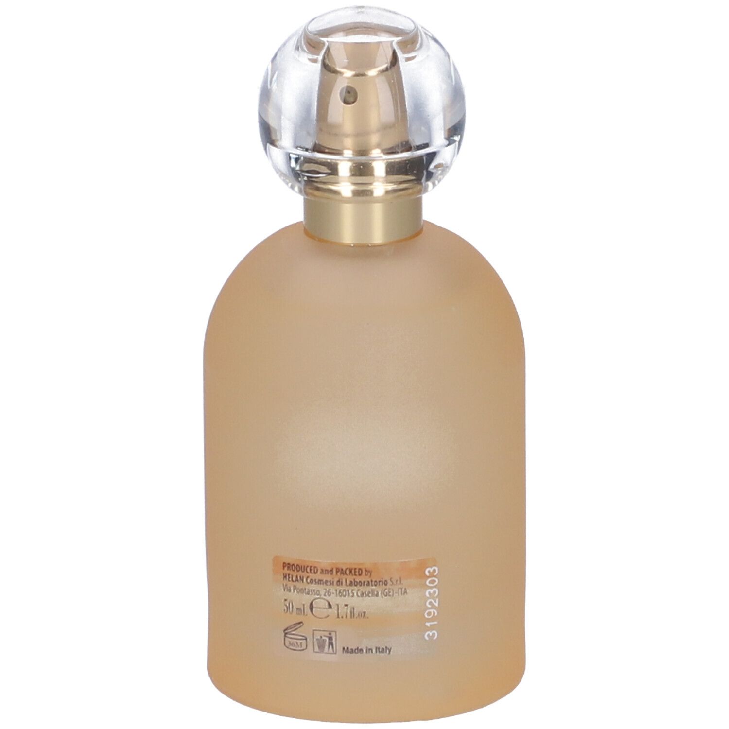 Retro del flacone di profumo. Scritta: Made in Italy. Informazioni sulla produzione.
