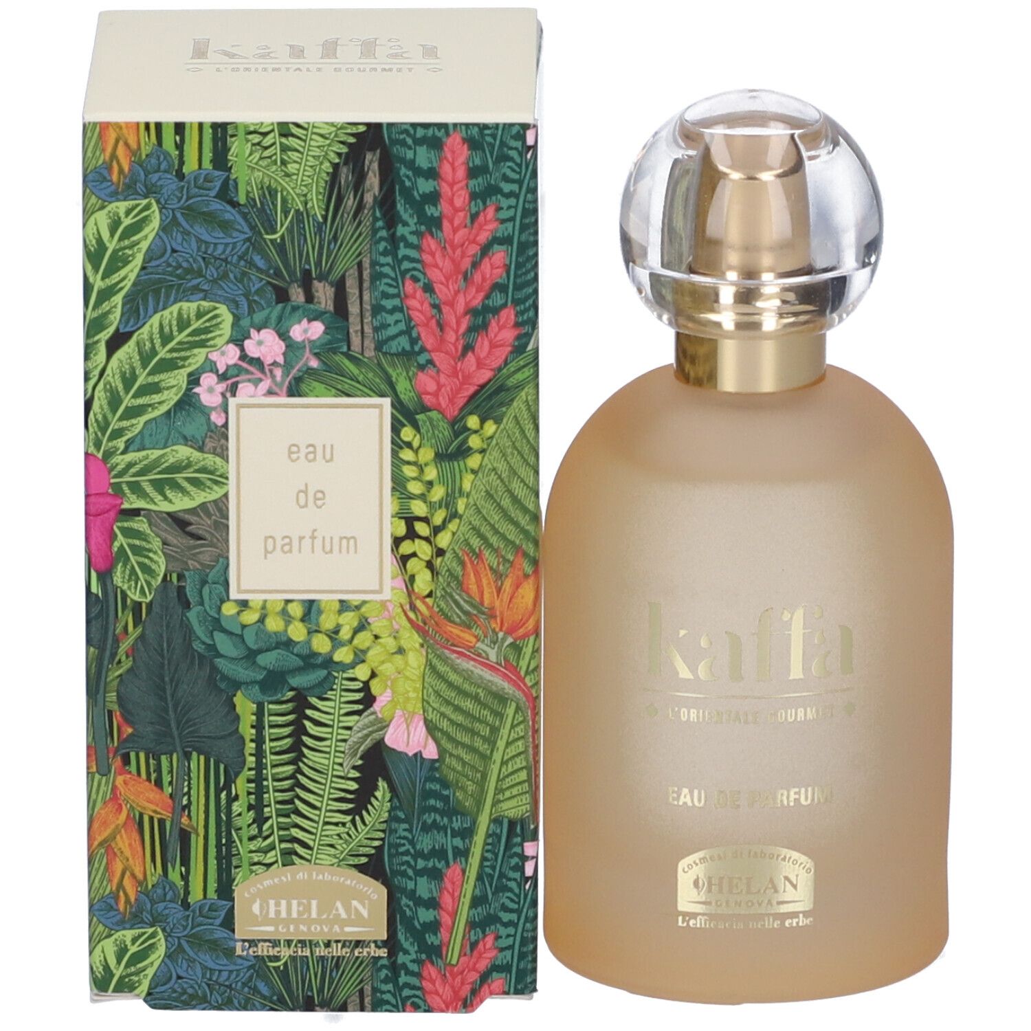 Flacone di profumo accanto alla confezione. Confezione con motivo floreale. Scritta: Kaffa, Eau de Parfum. Marchio: Helan.