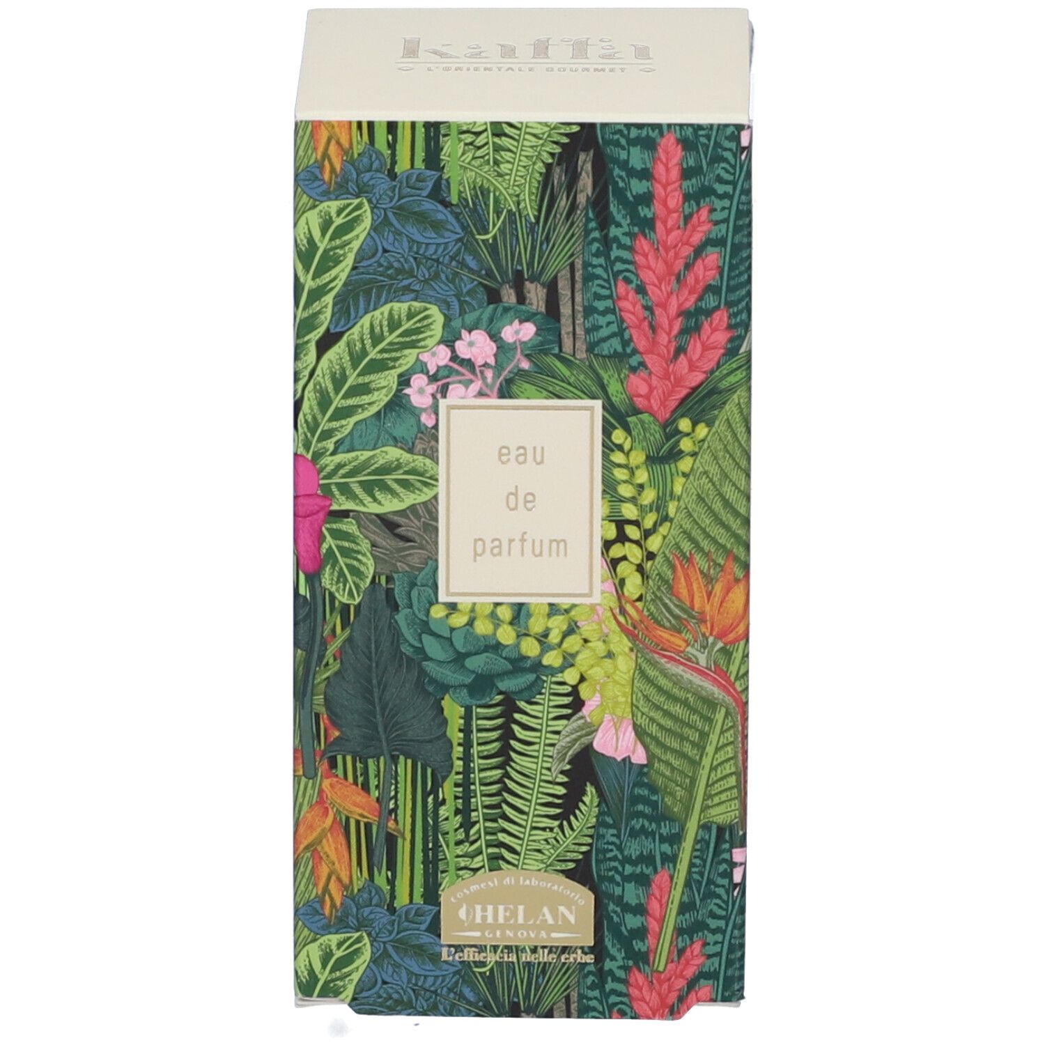Confezione con motivo floreale. Scritta: Kaffa, Eau de Parfum. Marchio: Helan.