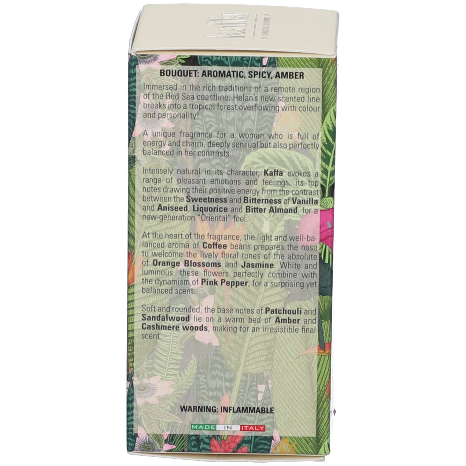 Retro della confezione. Testo sulle note olfattive e gli ingredienti. Avvertenza: Infiammabile. Made in Italy.