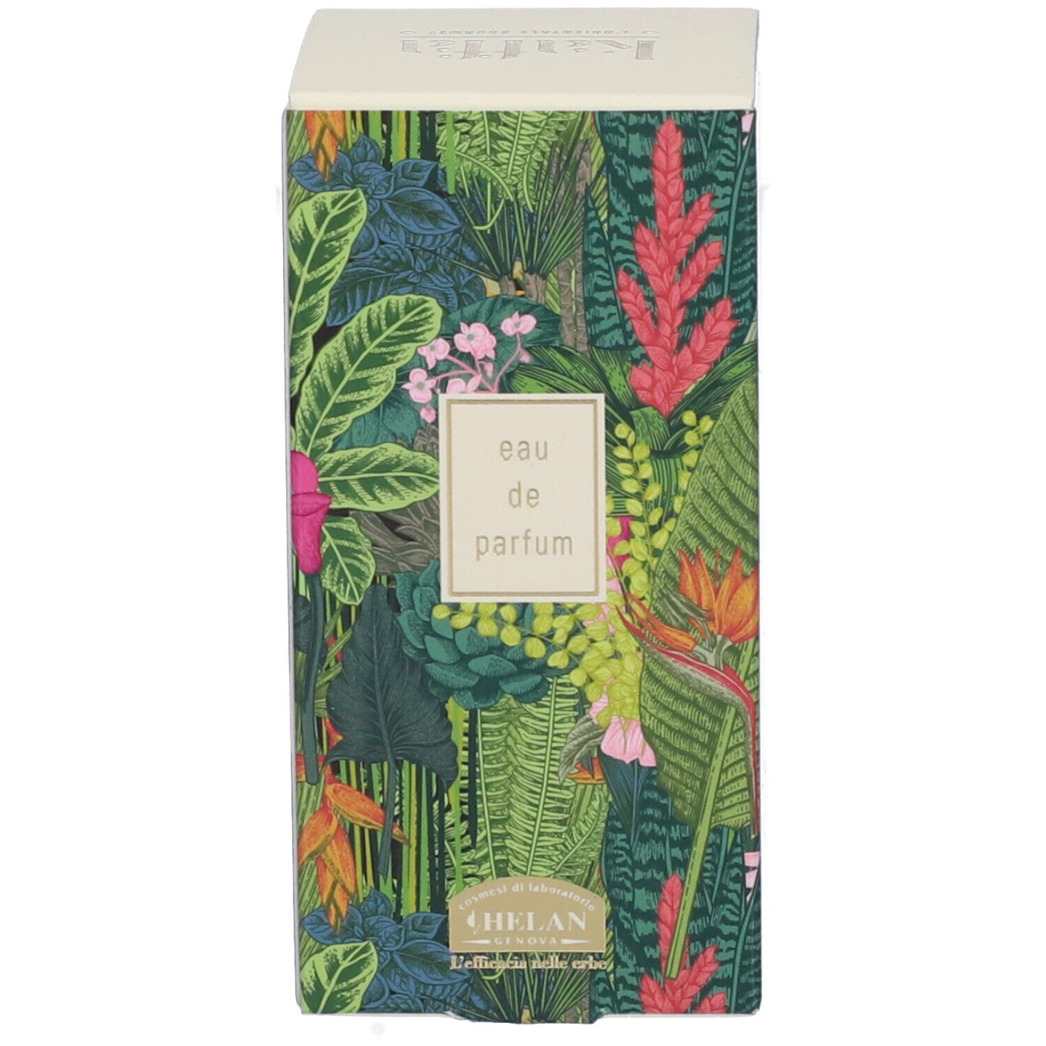 Confezione con motivo floreale. Scritta: Kaffa, Eau de Parfum. Marchio: Helan.