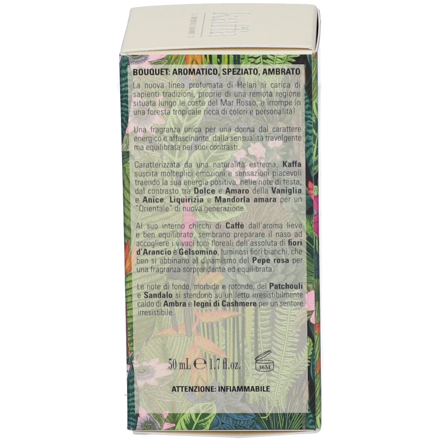 Retro della confezione. Testo sulle note olfattive e gli ingredienti. Volume: 50 ml. Attenzione: Infiammabile.