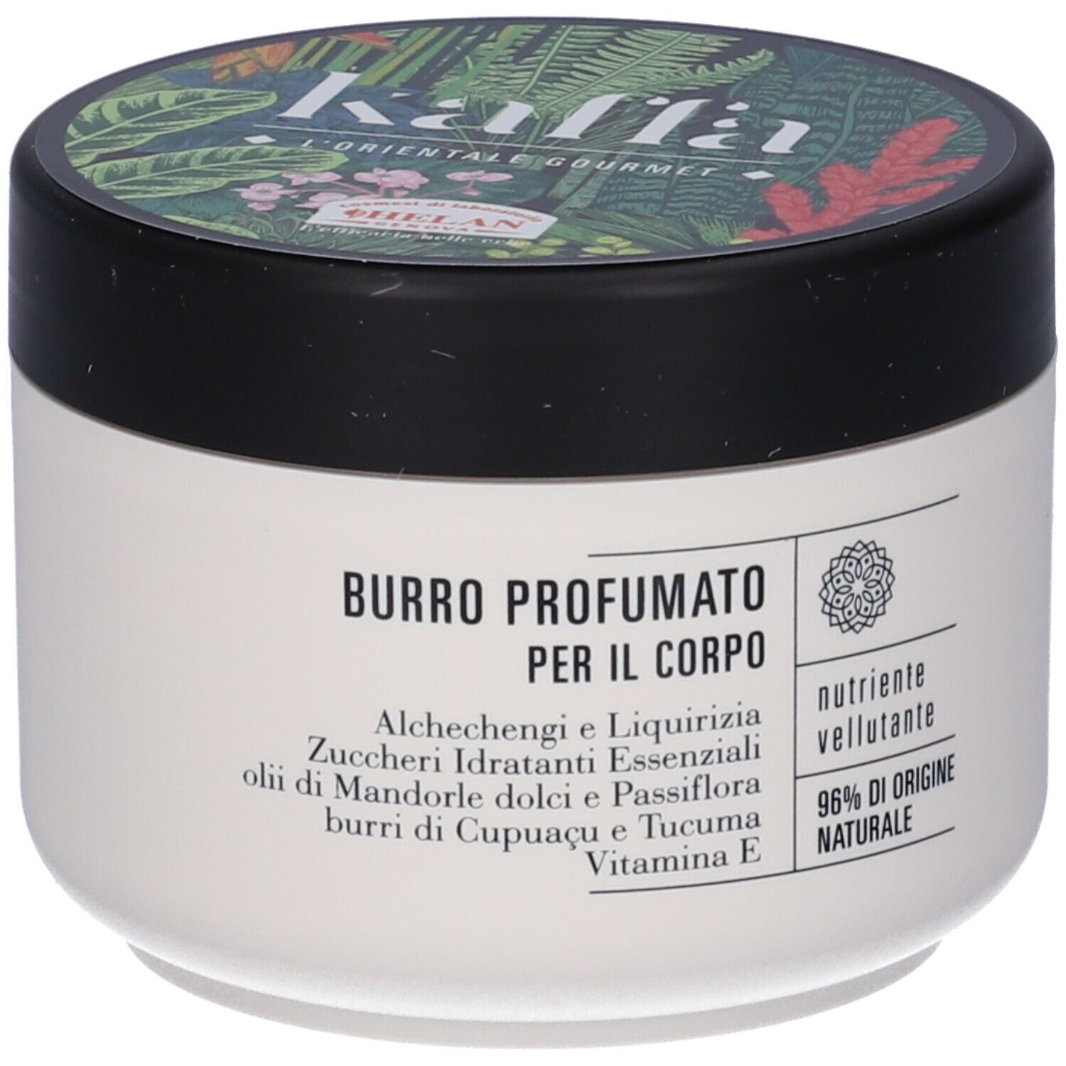 Vaso di crema con coperchio nero. Scritta: Kaffa, Burro Profumato per il corpo. 96% ingredienti naturali.