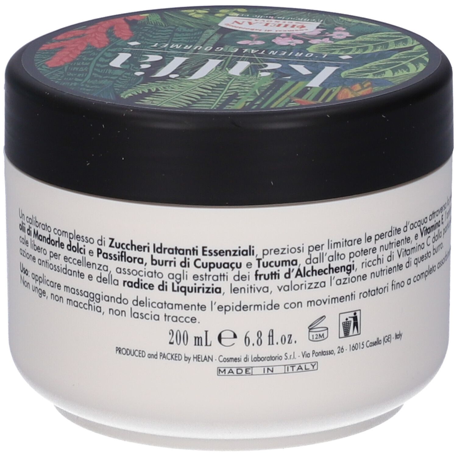 Vaso di crema con coperchio nero. Scritta: Kaffa, Burro Profumato per il corpo. 200 ml.