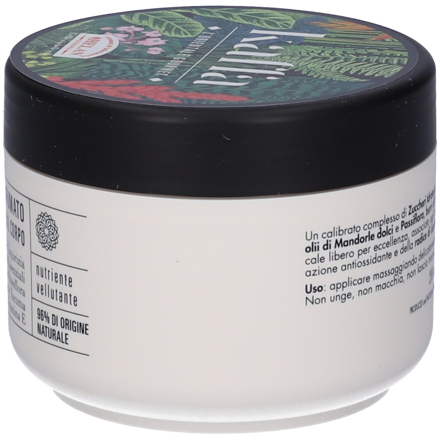 Vaso di crema con coperchio nero. Scritta: Kaffa, Burro Profumato per il corpo. 96% ingredienti naturali.