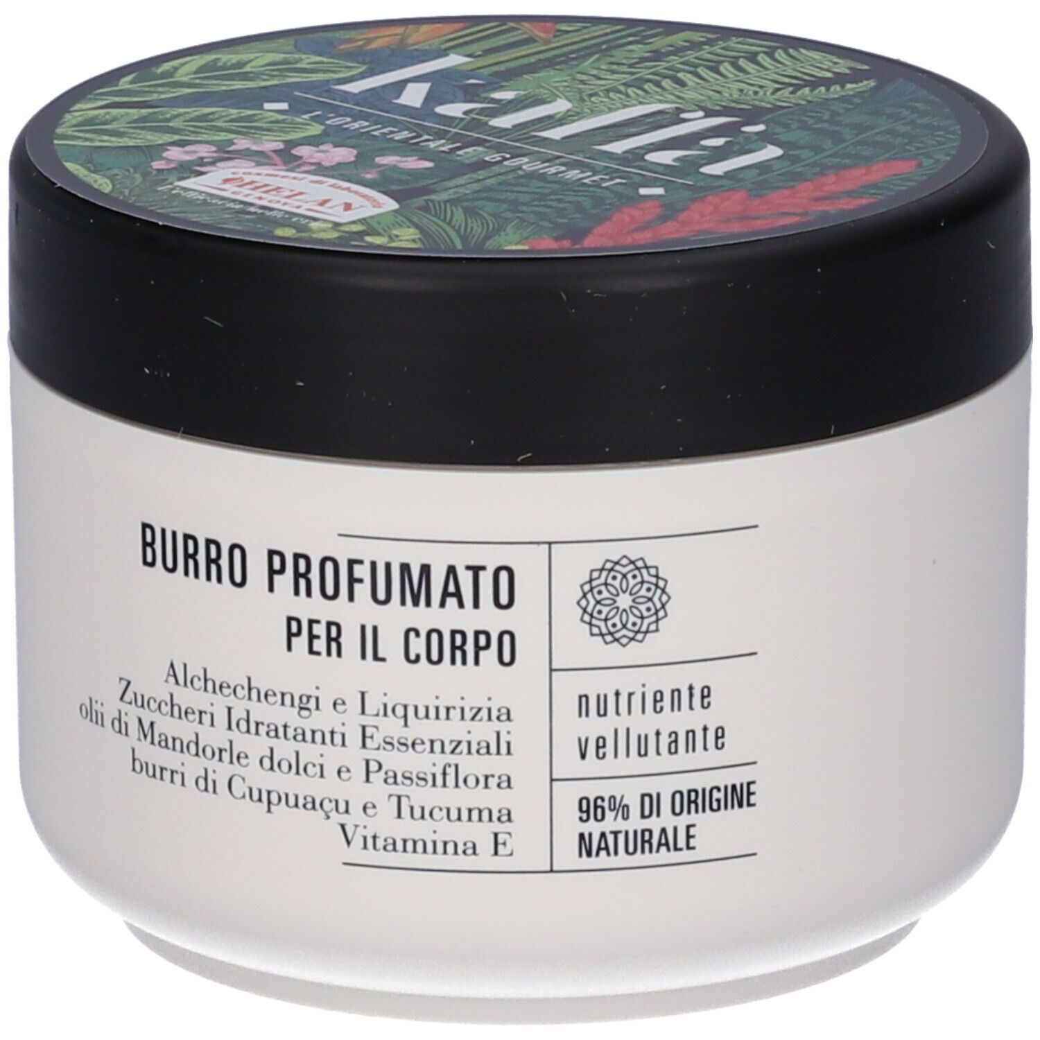 Vaso di crema con coperchio nero. Scritta: Kaffa, Burro Profumato per il corpo. 96% ingredienti naturali.