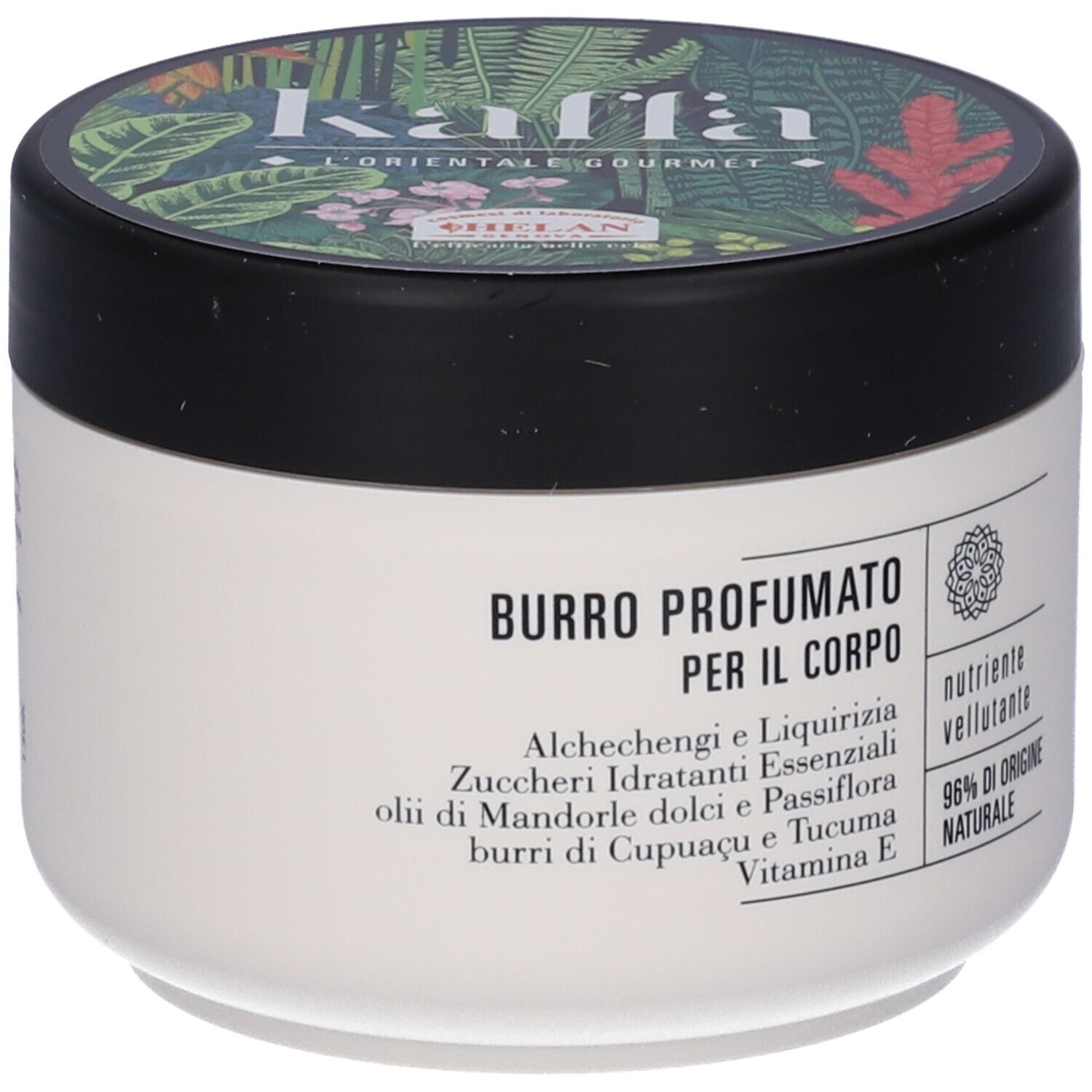 Vaso di crema con coperchio nero. Scritta: Kaffa, Burro Profumato per il corpo. 96% ingredienti naturali.